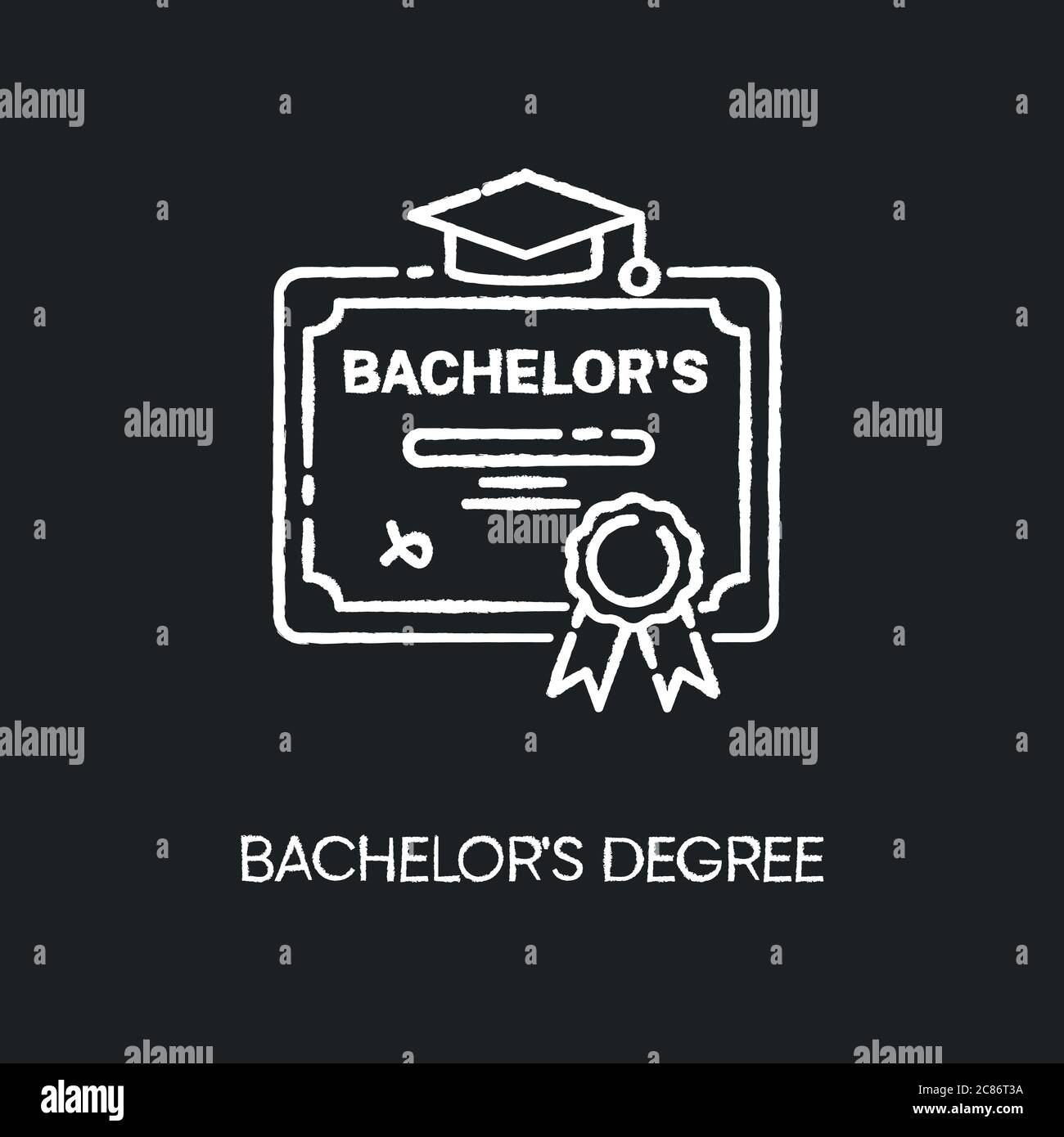 Bachelors grado gesso bianco icona su sfondo nero. Documento di laurea di successo. Istruzione superiore. Diploma di studente, certificato accademico Illustrazione Vettoriale