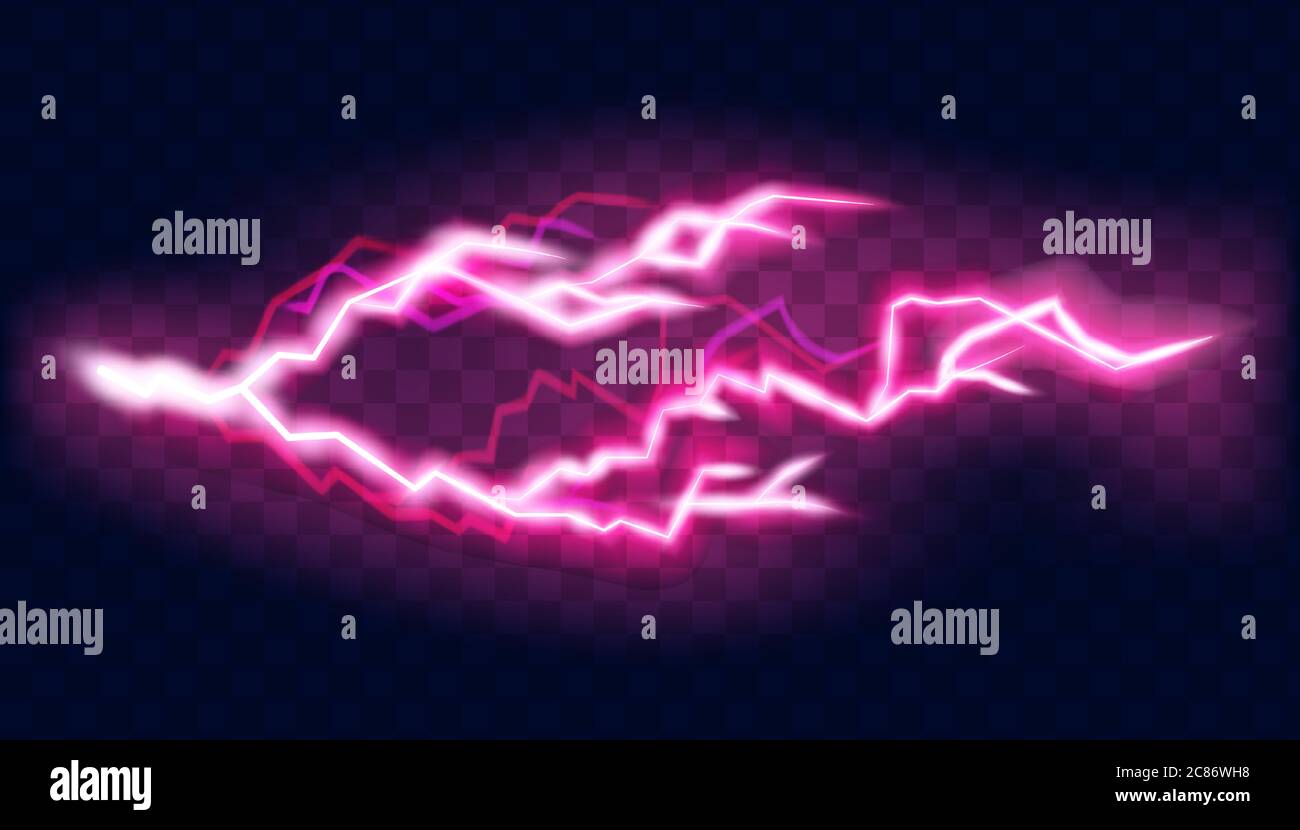 Lampi di fulmini, isolati su sfondo trasparente. Thunderstorm Electric Bolt, illustrazione vettoriale in stile realistico Illustrazione Vettoriale