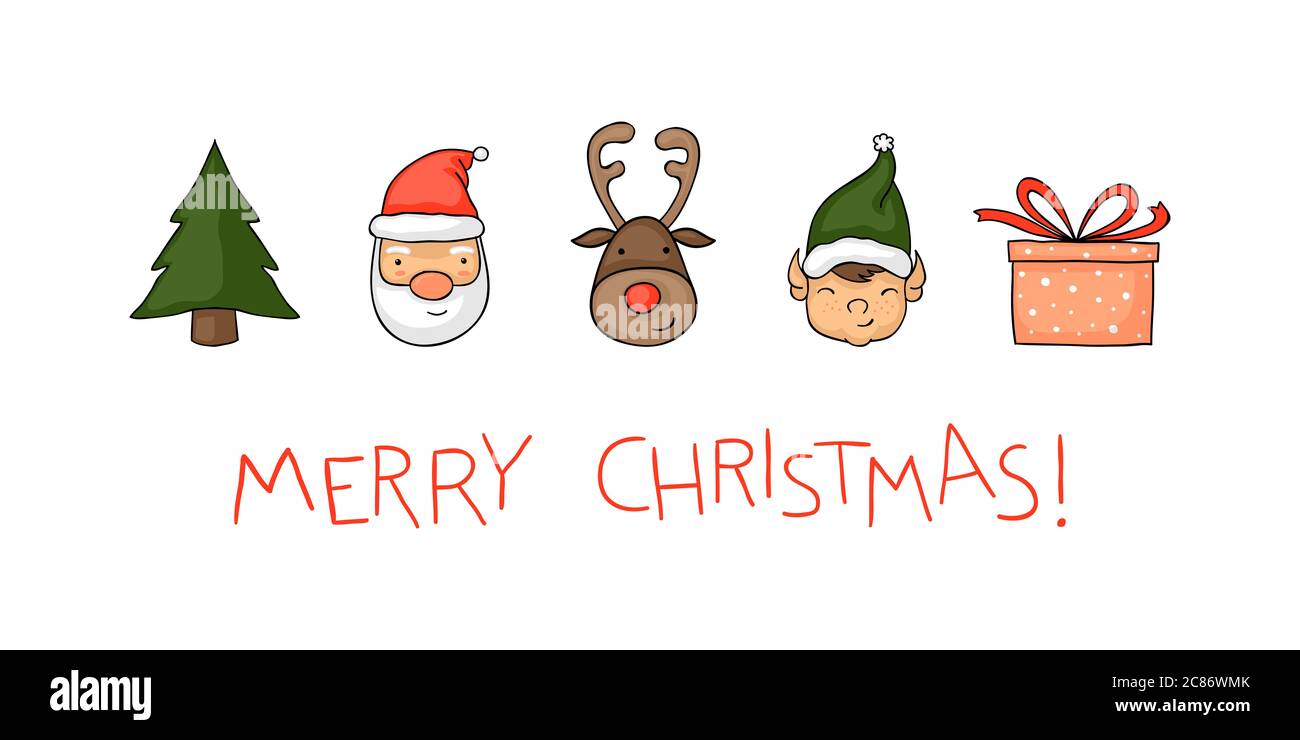 Auguri di Natale carta con graziosi Santa, Rudolf e un elfo e scrittura infantile del 'buon Natale!" Foto Stock