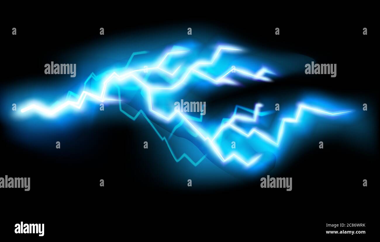 Lampi di fulmini, isolati su sfondo trasparente. Thunderstorm Electric Bolt, illustrazione vettoriale in stile realistico Illustrazione Vettoriale