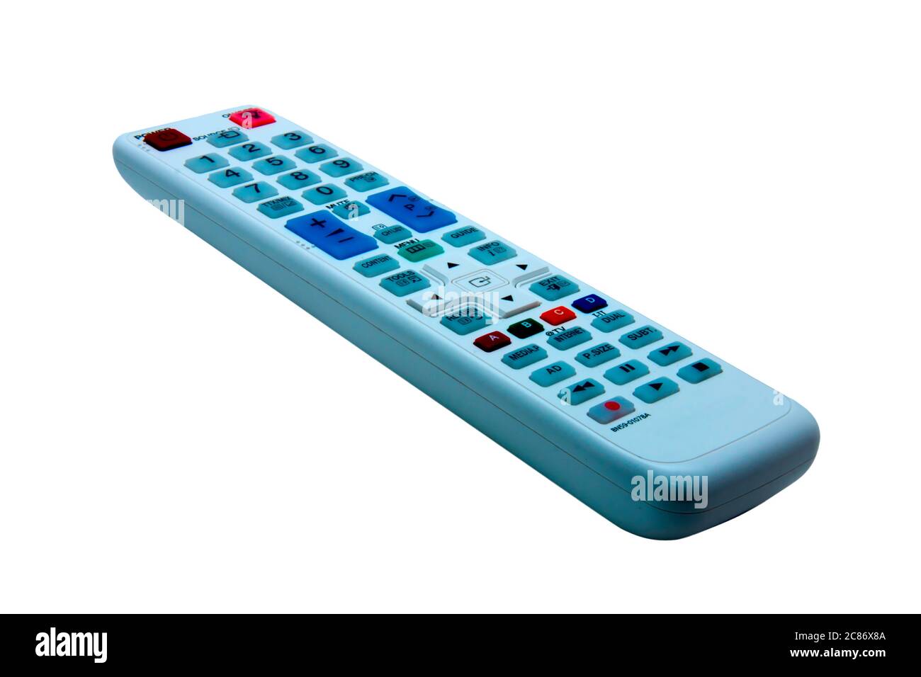 Primo piano del pannello di controllo del televisore su sfondo bianco Foto Stock