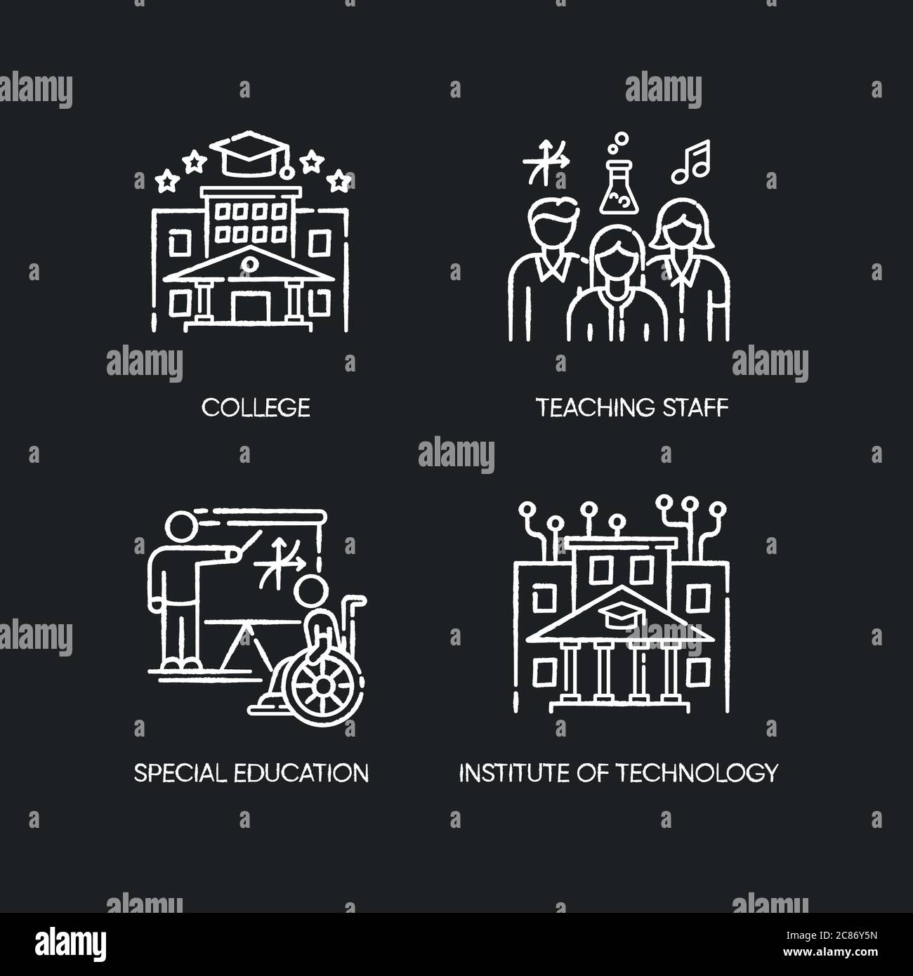 Icone bianche gesso per l'istruzione superiore su sfondo nero. Istituto di tecnologia, università. Personale docente professionale e condizioni speciali di apprendimento Illustrazione Vettoriale