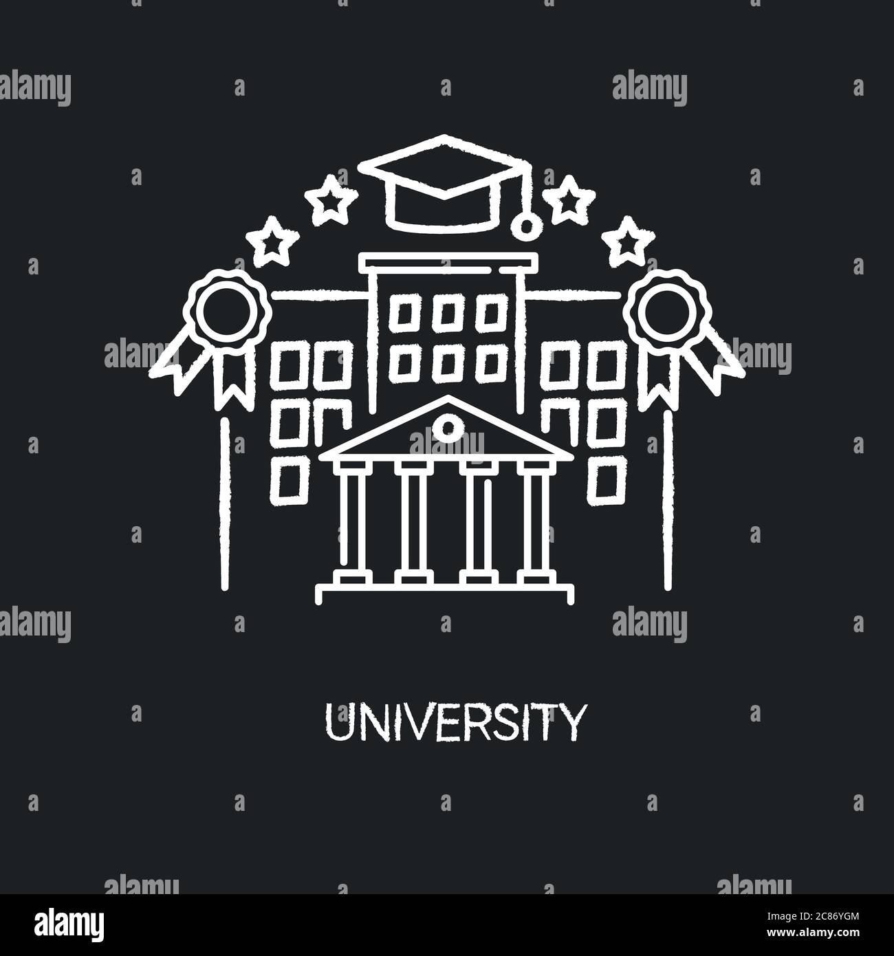 Icona bianca di University Chalk su sfondo nero. Istruzione superiore, stile di vita degli studenti. Istituzione accademica. Prestigioso campus universitario con Mort Illustrazione Vettoriale