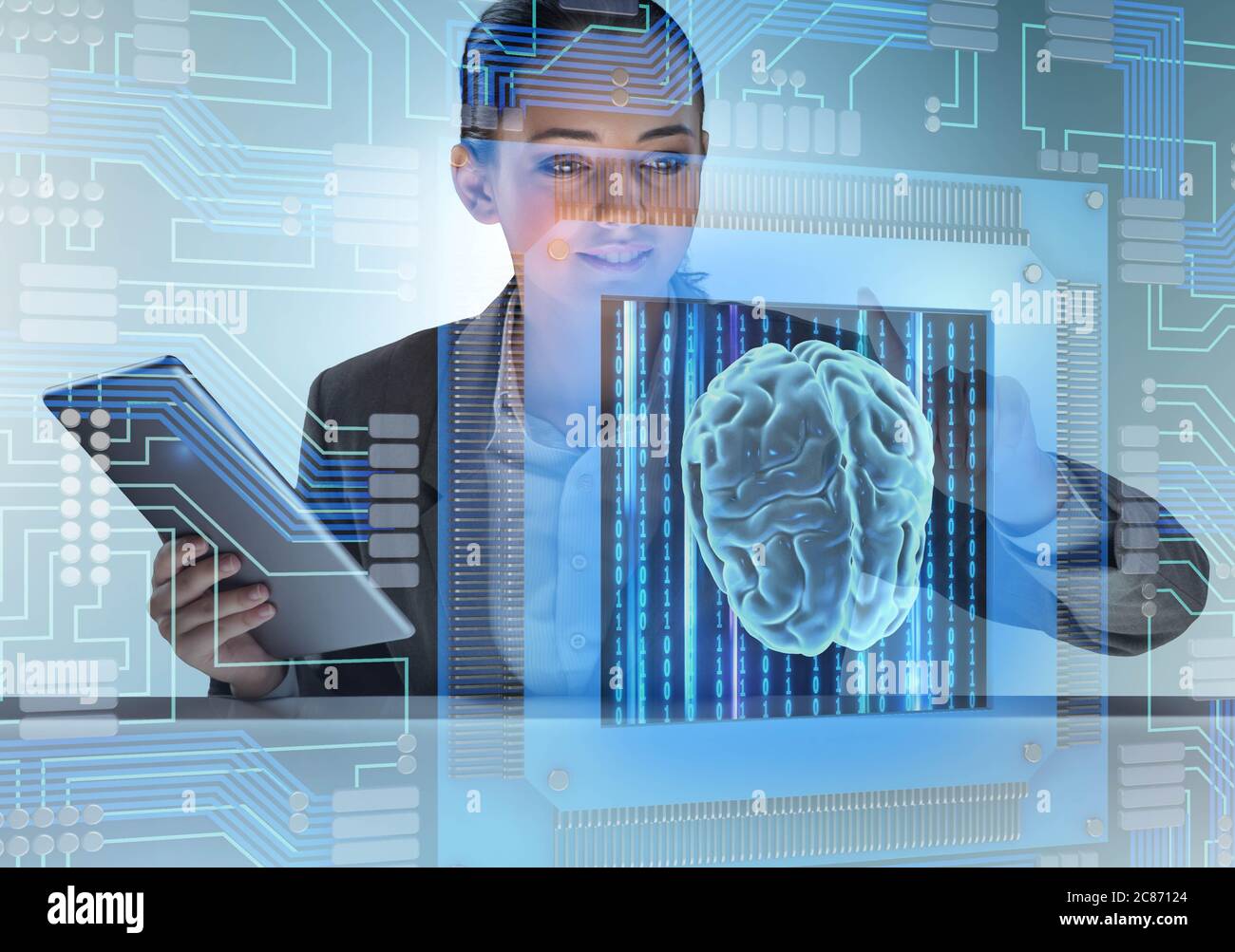 Il concetto cognitivo e compitivo con la donna che preme i tasti Foto Stock