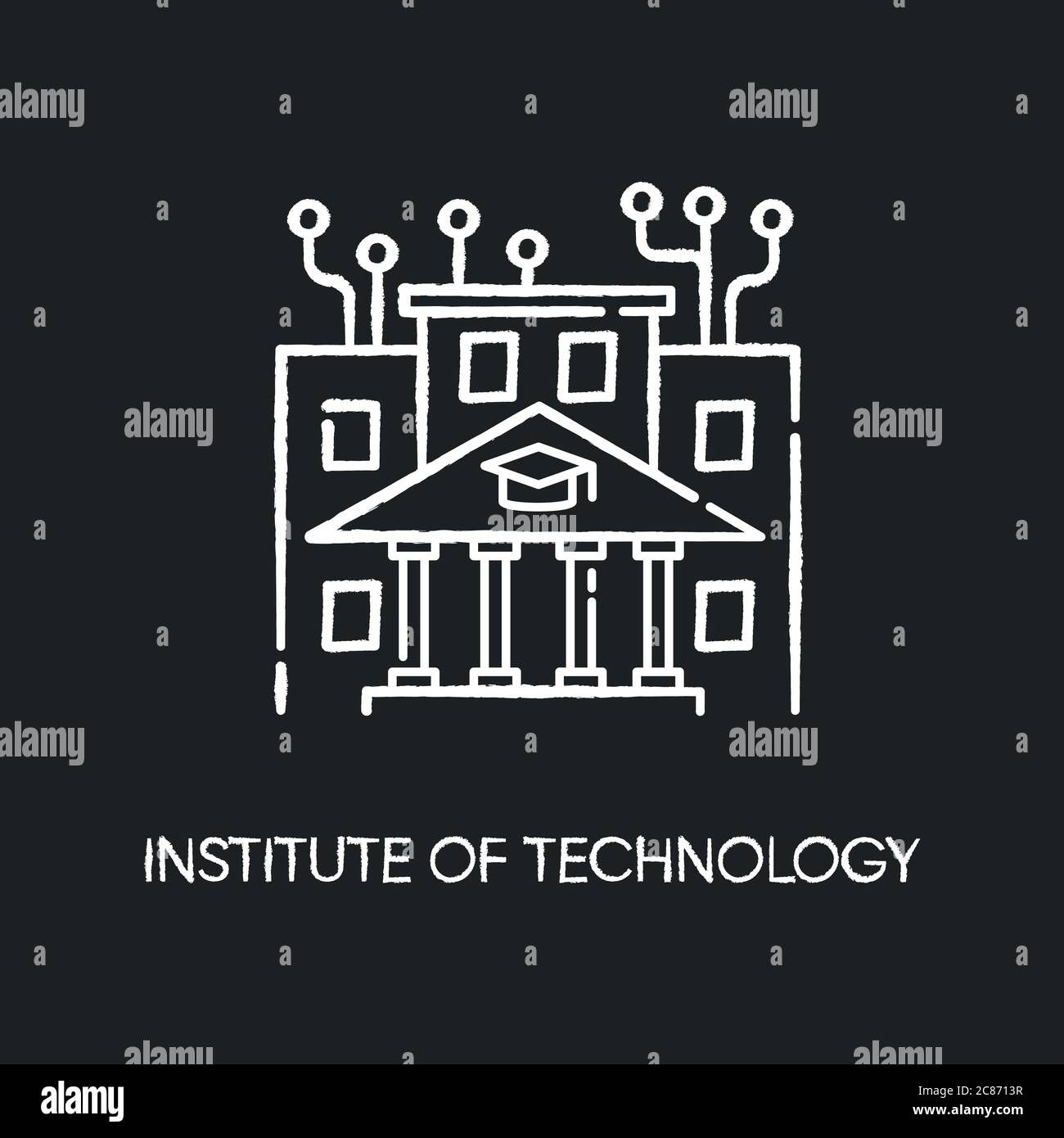 Istituto di tecnologia gesso bianco icona su sfondo nero. Professional IT College, istruzione superiore. Accademia di programmazione informatica, corsi di codifica. Illustrazione Vettoriale