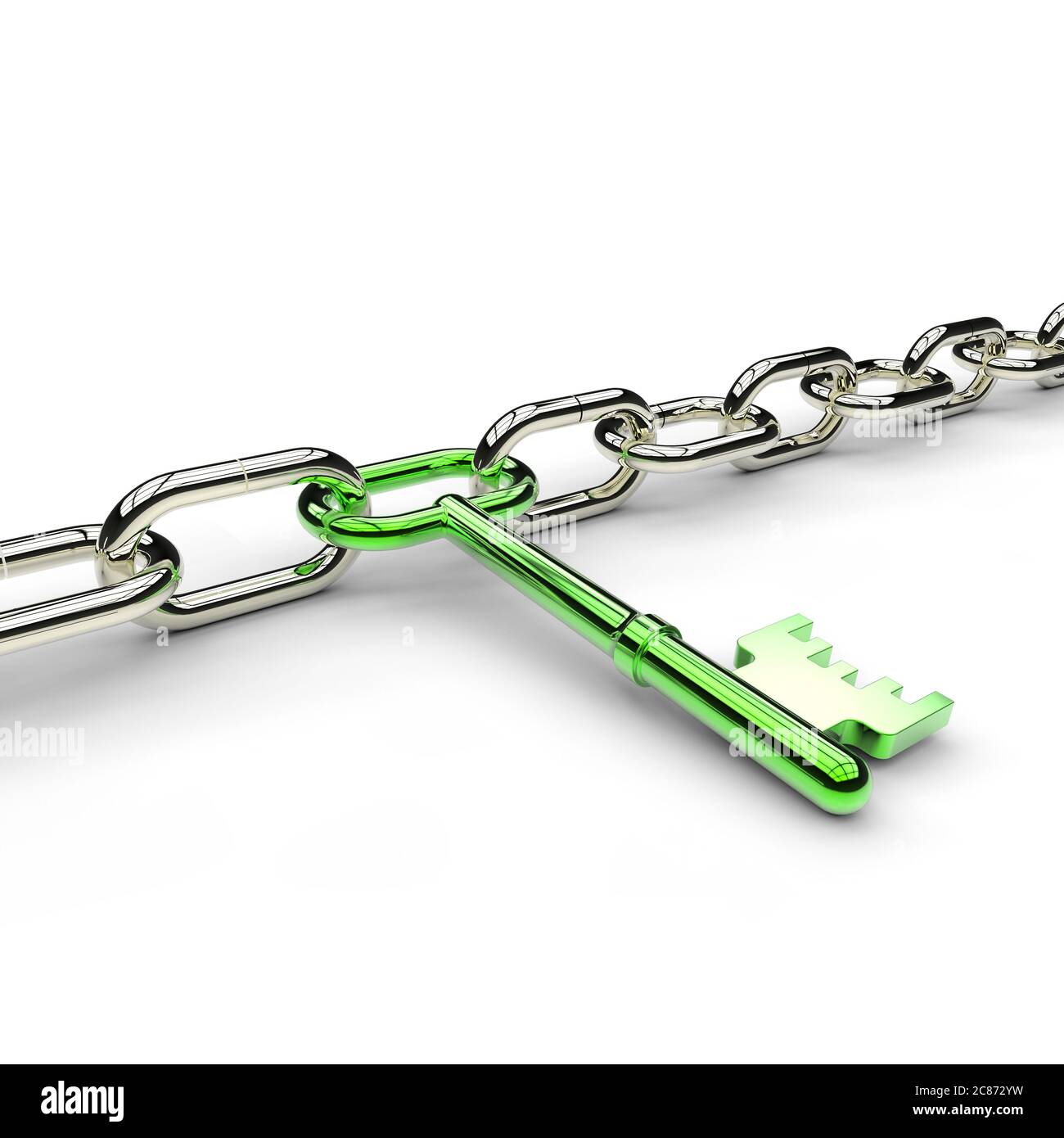 Collegamento tasto verde in una catena argentata su sfondo bianco Foto Stock
