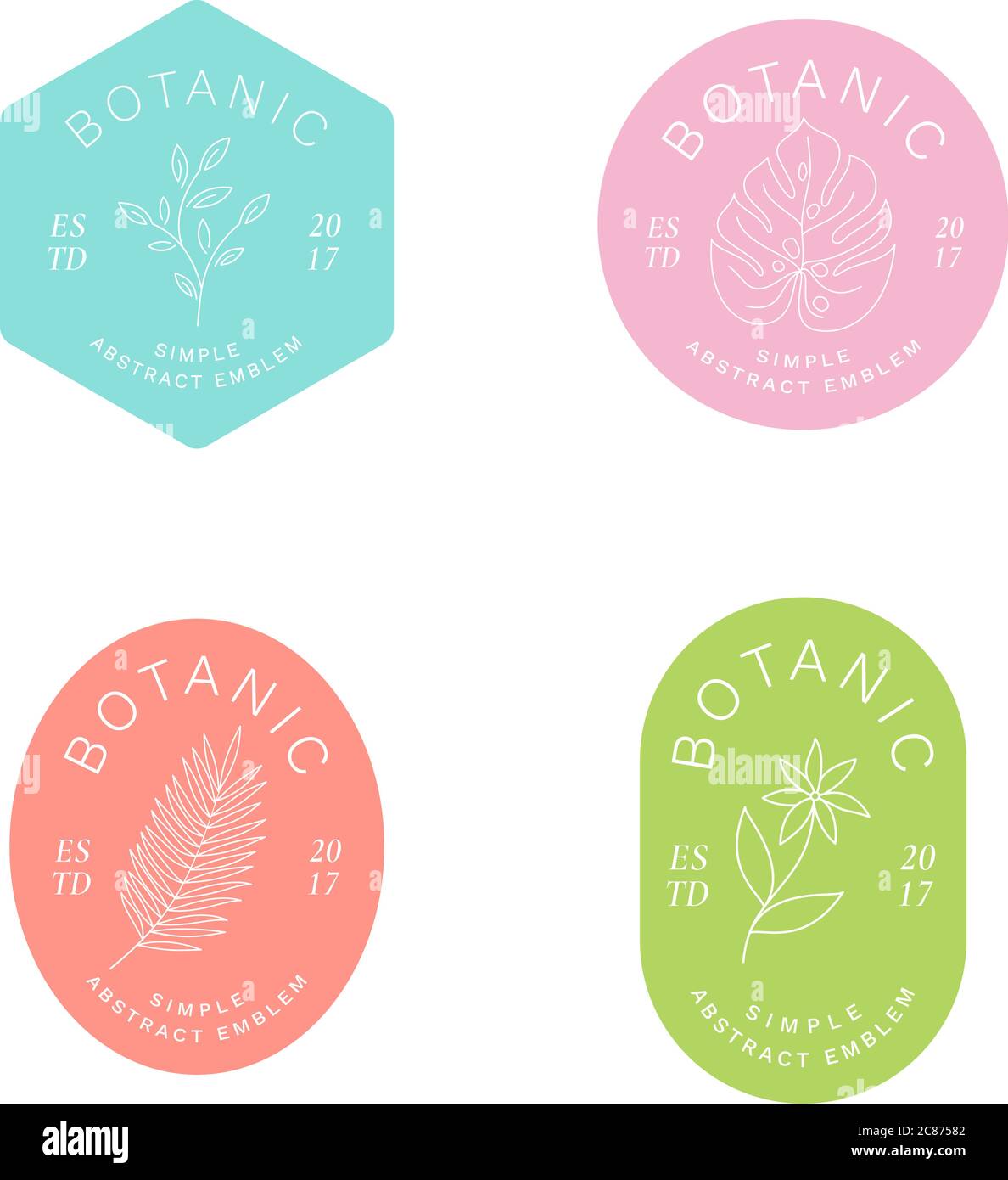 Set di etichette botaniche, emblemi o modelli di logo semplici astratti. Linea stile Fiori e foglie di palma Monstera Silhouette di ramificazione con tipografia moderna. Illustrazione Vettoriale