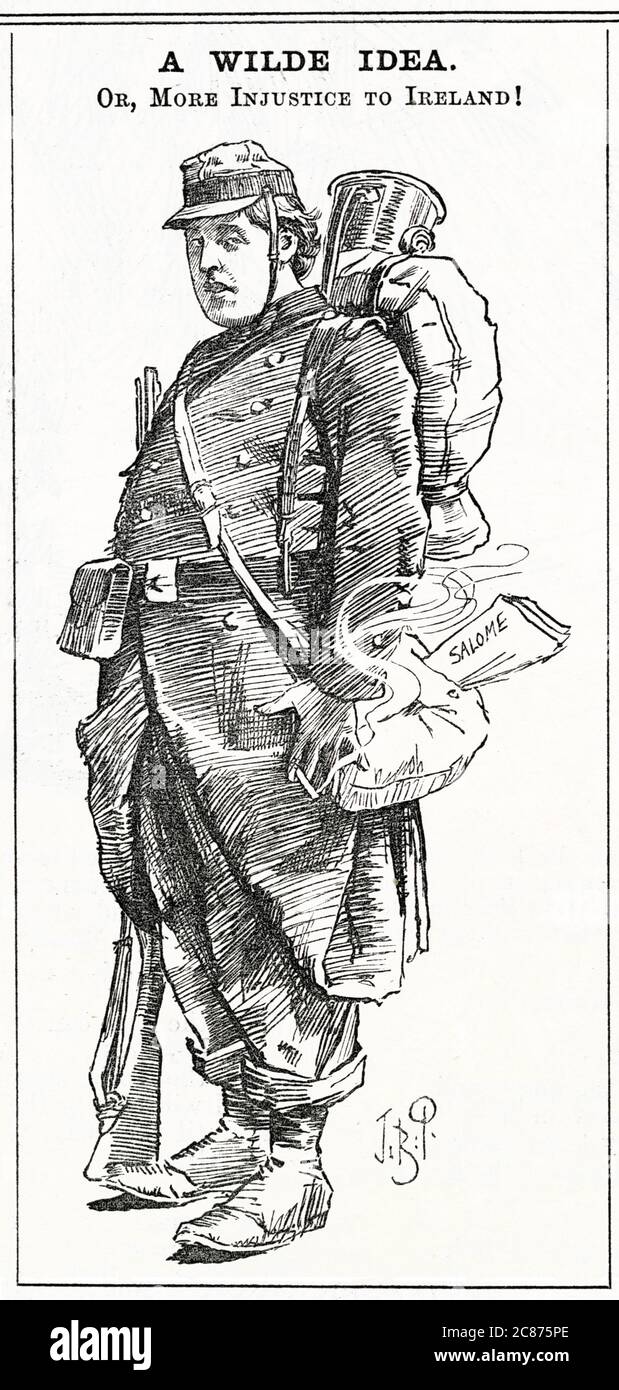 Cartoon, A Wilde idea -- Oscar Wilde, drammaturgo irlandese, raffigurato come un soldato francese (un riferimento al fatto che ha scritto per la prima volta la sua controversa commedia, Salome, in francese). Data: 1892 Foto Stock