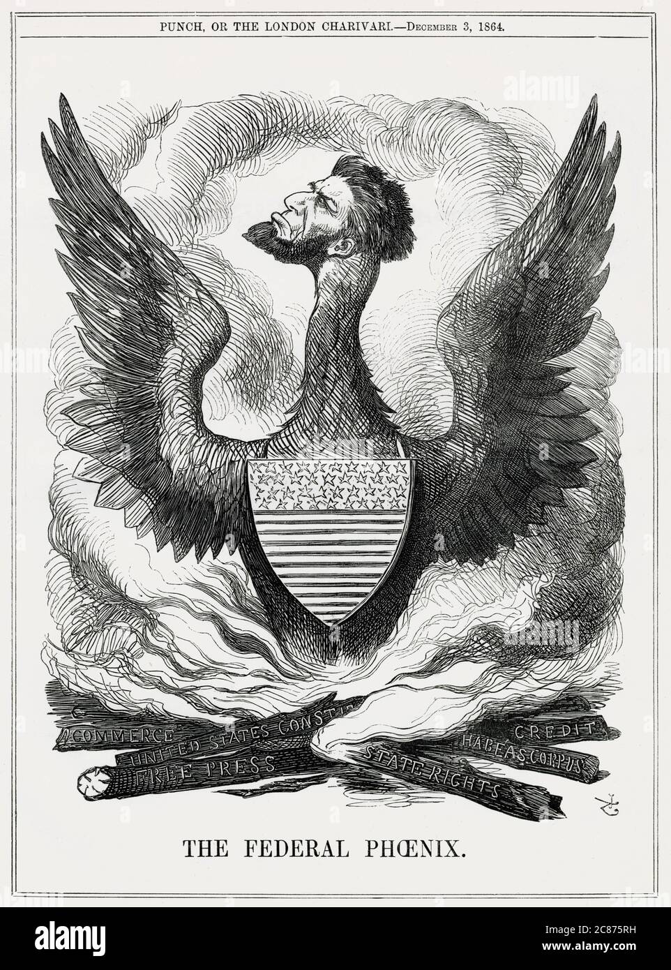Cartone animato, The Federal Phoenix - Abraham Lincoln ritratto come una fenice che si alza dalle fiamme mentre viene rieletto presidente. Foto Stock