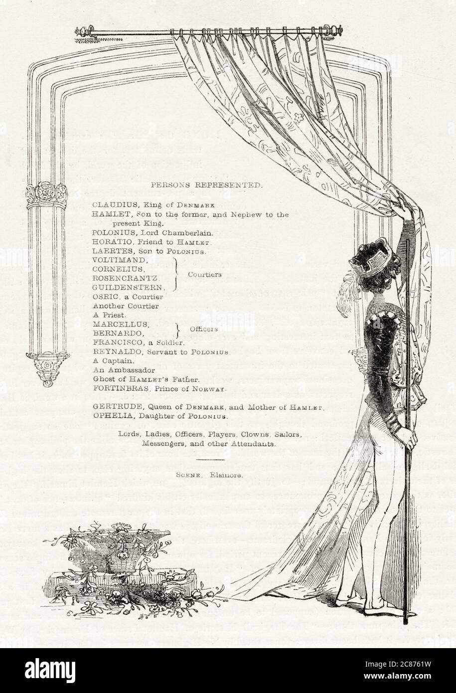 Illustrazione di Kenny Meadows ad Amleto, Principe di Danimarca, di William Shakespeare. Elenco cast con pagina che disegna una tenda. Foto Stock