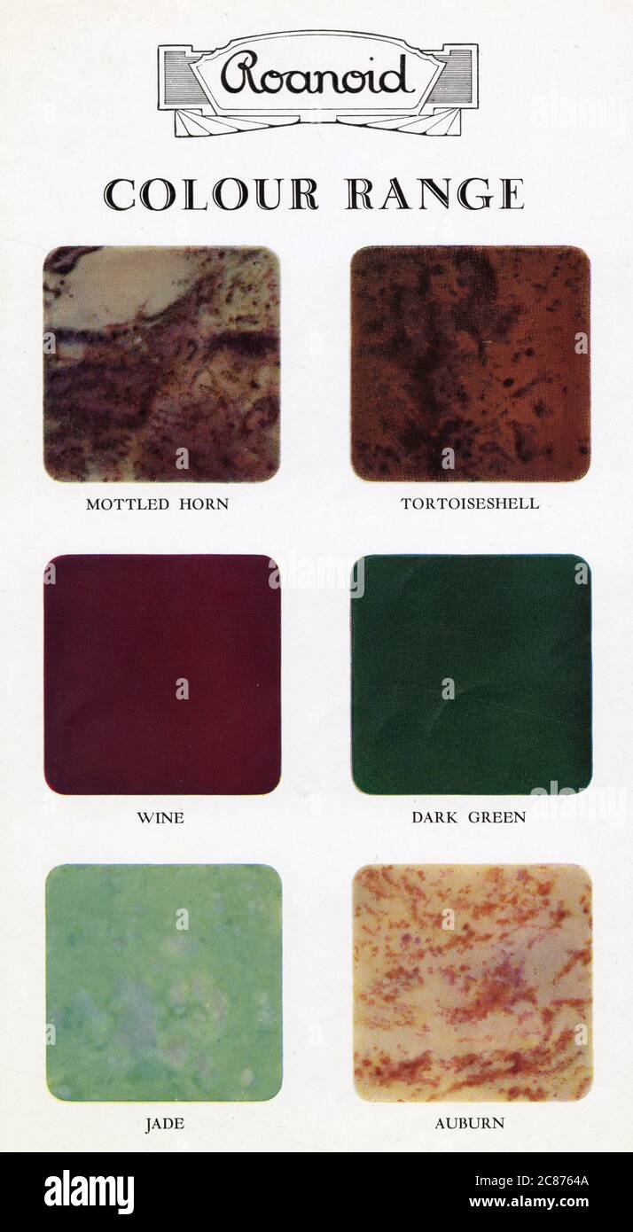 Gamma di colori Roanoid bakelite -- Corno chiazzato, Tortoiseshell, vino, Verde scuro, Giada, Auburn. Data: 1930 Foto Stock