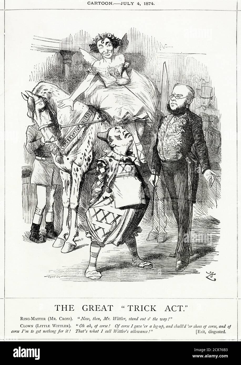 Cartoon, The Great Trick Act -- un commento satirico sul recente successo del Partito Conservatore nelle elezioni generali. Raffigurante Benjamin Disraeli come una cavalcatrice femminile in un circo, con Richard Cross (Ministro degli interni) come maestro del ring. Un clown, che rappresenta Victuallers (Little Wittler) si lamenta del fatto che i victualeri hanno aiutato Disraeli al potere, e non hanno avuto alcuna ricompensa per questo -- al contrario, il nuovo governo ha introdotto un'inebriante Liquors Bill, che non li aiuta affatto. Foto Stock