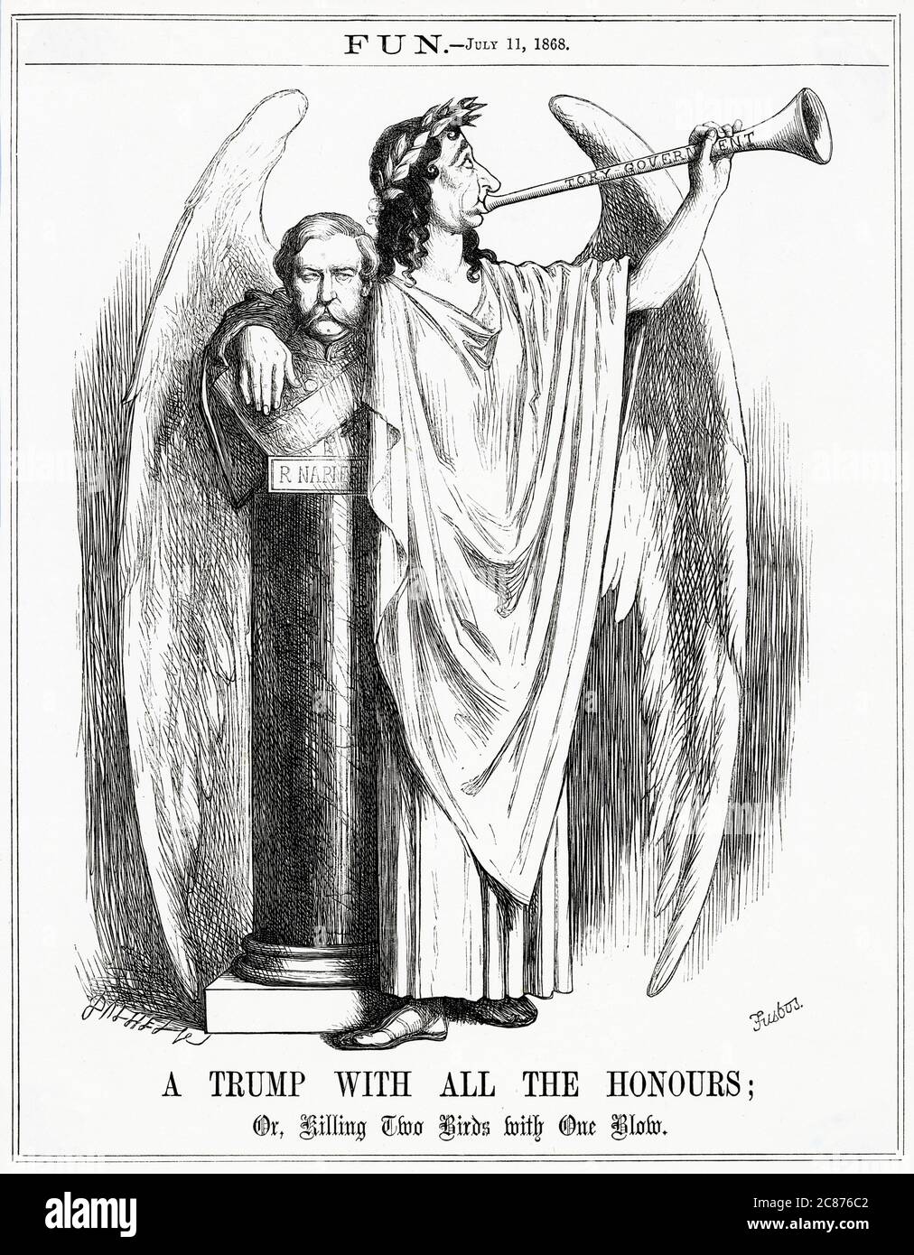 Cartoon, Un Trump con tutte le onorificenze; o, uccidere due uccelli con un solo colpo. Un commento satirico sulla riuscita campagna del generale Sir Robert Napier in Etiopia (Abissinia) per salvare i sudditi britannici imprigionati da re Teodoro (Tewodros). Disraeli guadagna miglia dalla vittoria per battere il suo governo Tory, dato che il governo conservatore aveva sostenuto la missione, mentre i liberali erano stati contrari. Foto Stock