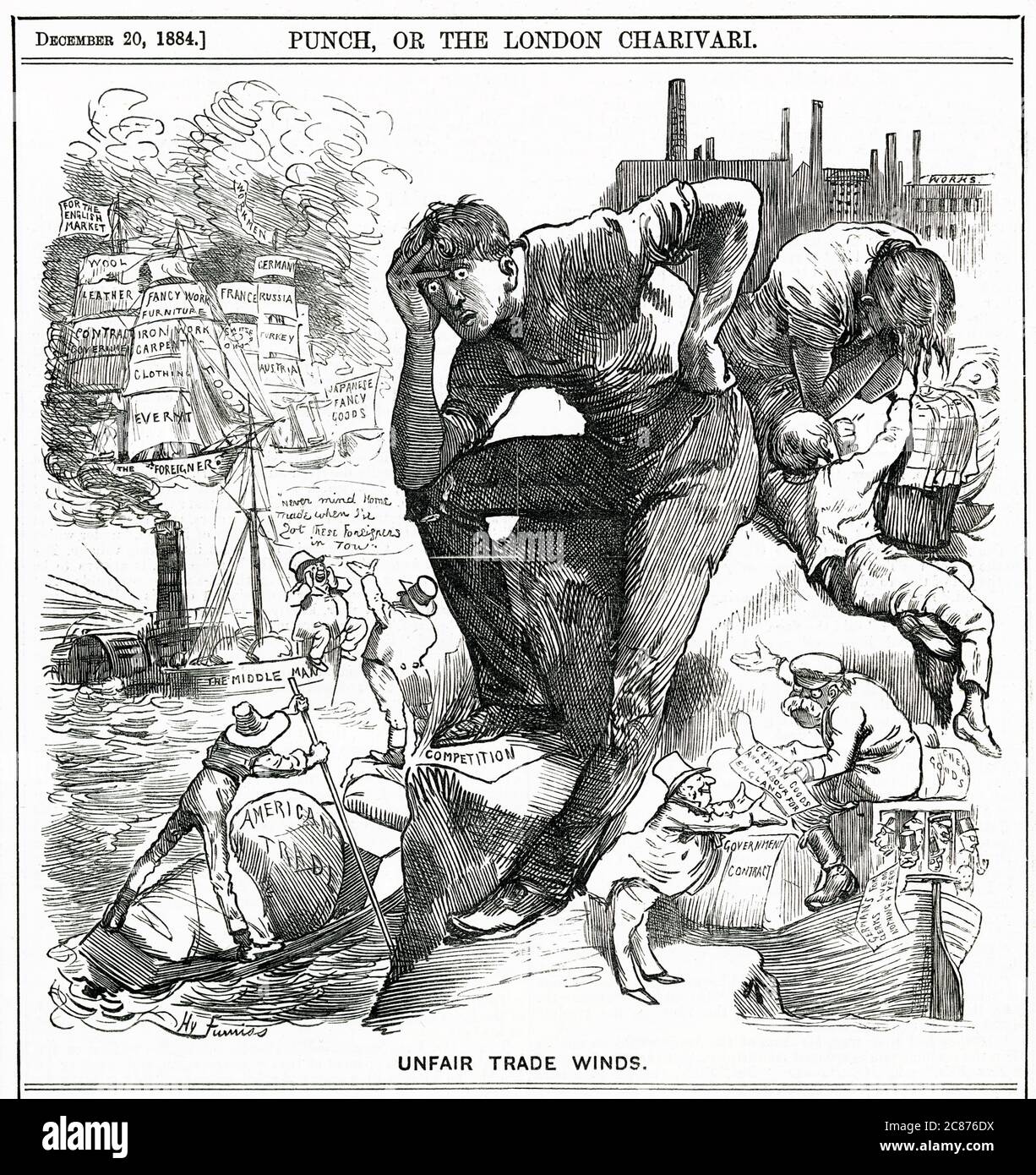 Cartoon, Venti commerciali sleali -- un commento satirico sul commercio competitivo dall'estero, che influisce negativamente sull'economia domestica. Foto Stock