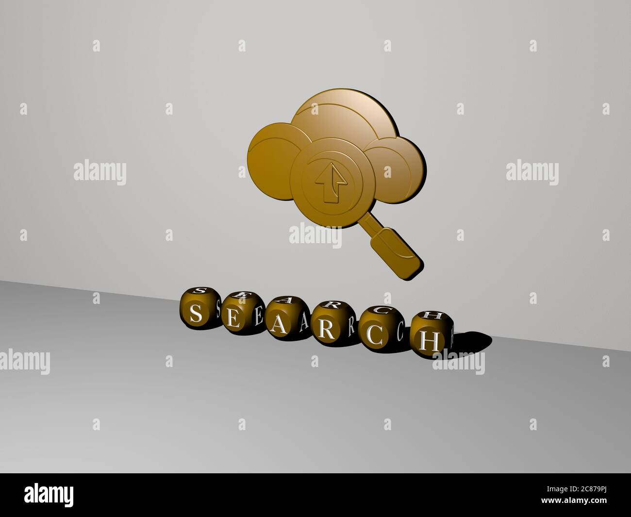 Illustrazione 3D di GRAFICA DI RICERCA e testo fatto da lettere di dadi metallici per i significati relativi del concetto e delle presentazioni. Icona e business Foto Stock