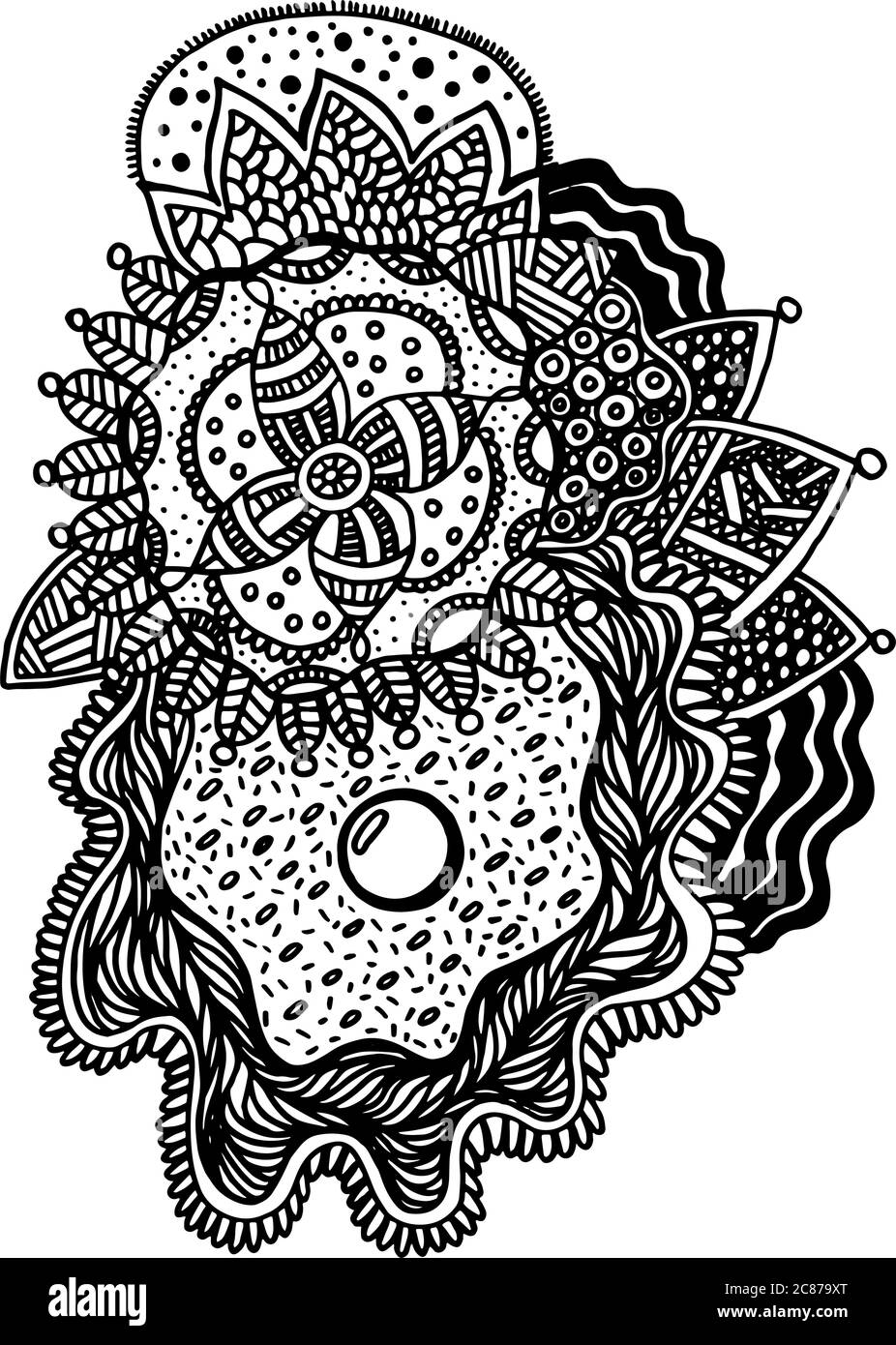 Disegno a zentangle floreali con perla in guscio. Disegno vettoriale a mano per libro da colorare. Elemento grafico in stile orientale. Illustrazione Vettoriale