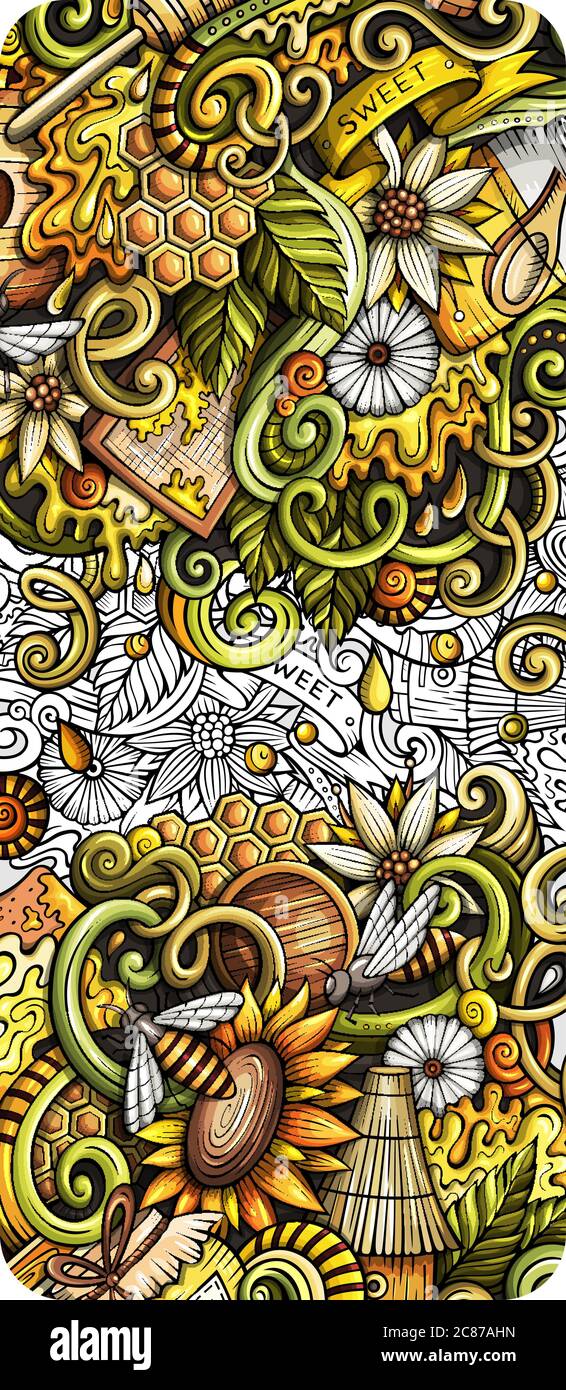 Banner doodle disegnato a mano con miele. Opuscolo dettagliato su Cartoon. Illustrazione Vettoriale