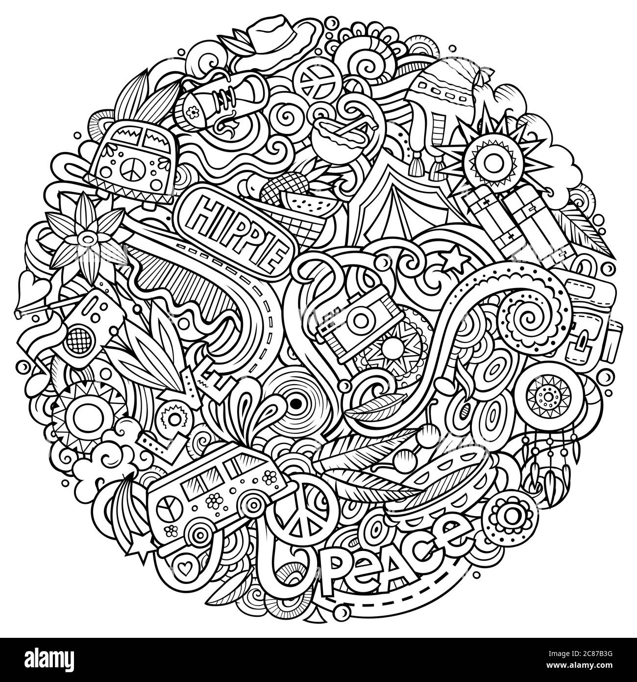 Hippie disegnata a mano doodles vettoriali illustrazione rotonda. Poster Hippy. Illustrazione Vettoriale