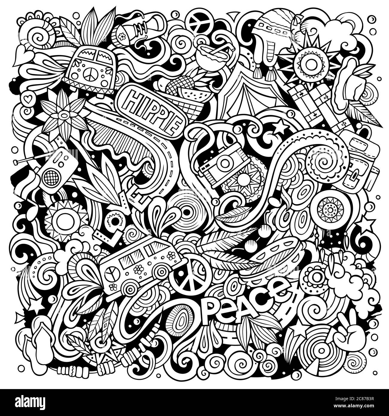 Illustrazione di doodles vettoriali disegnati a mano di hippie. Poster Hippy. Illustrazione Vettoriale
