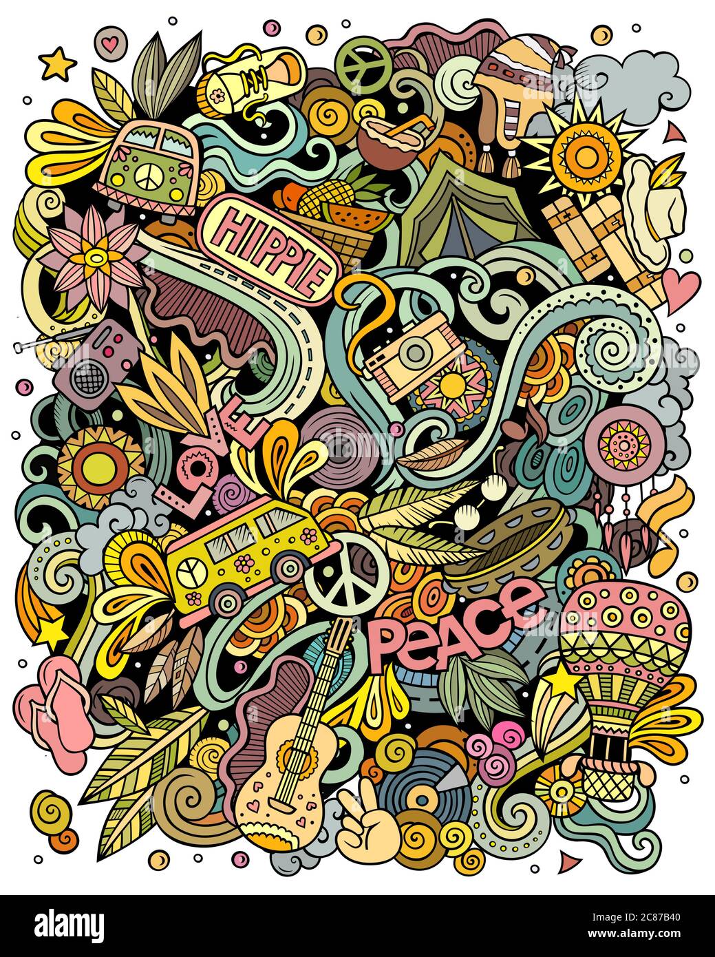 Illustrazione di doodles vettoriali disegnati a mano di hippie. Poster Hippy. Illustrazione Vettoriale