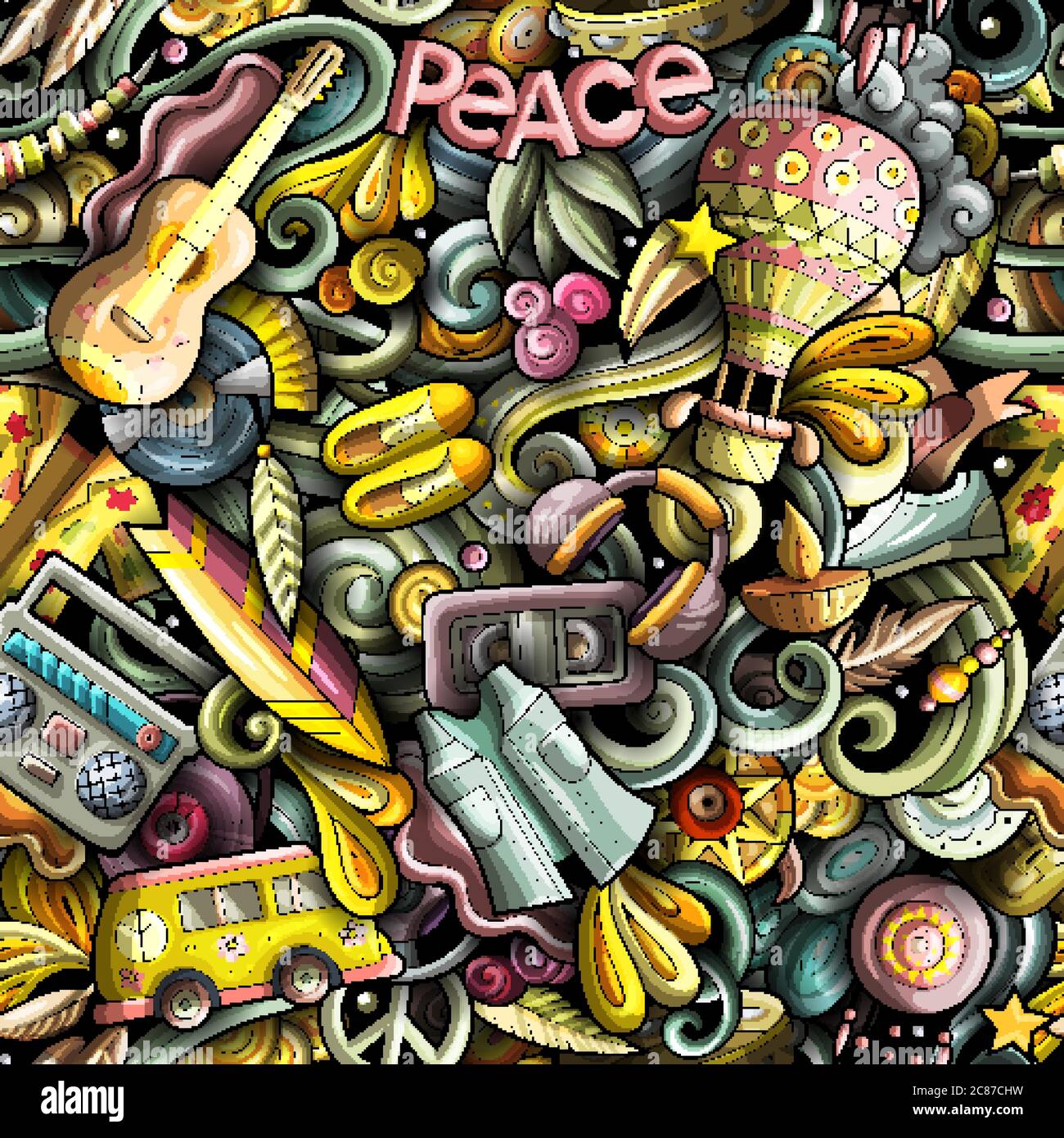 Hippie Doodles disegnati a mano motivo senza giunture. Sfondo hippy. Illustrazione Vettoriale