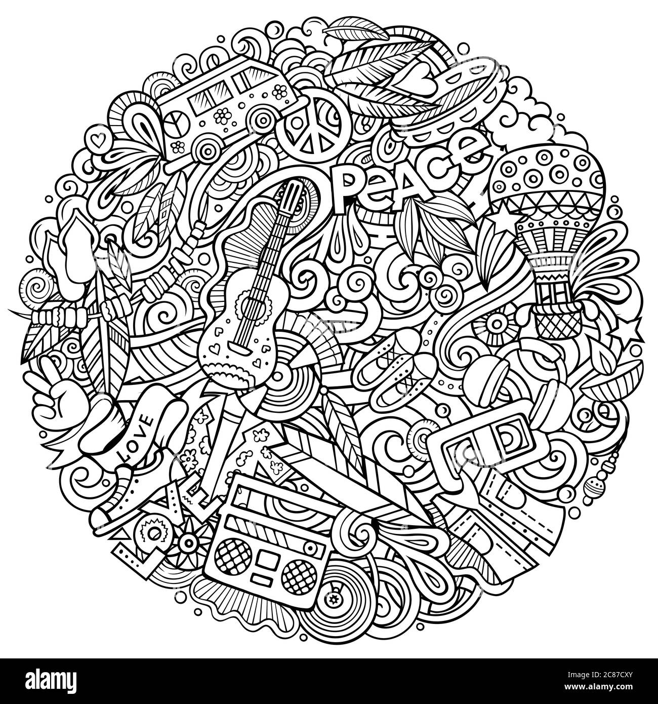 Hippie disegnata a mano doodles vettoriali illustrazione rotonda. Poster Hippy. Illustrazione Vettoriale