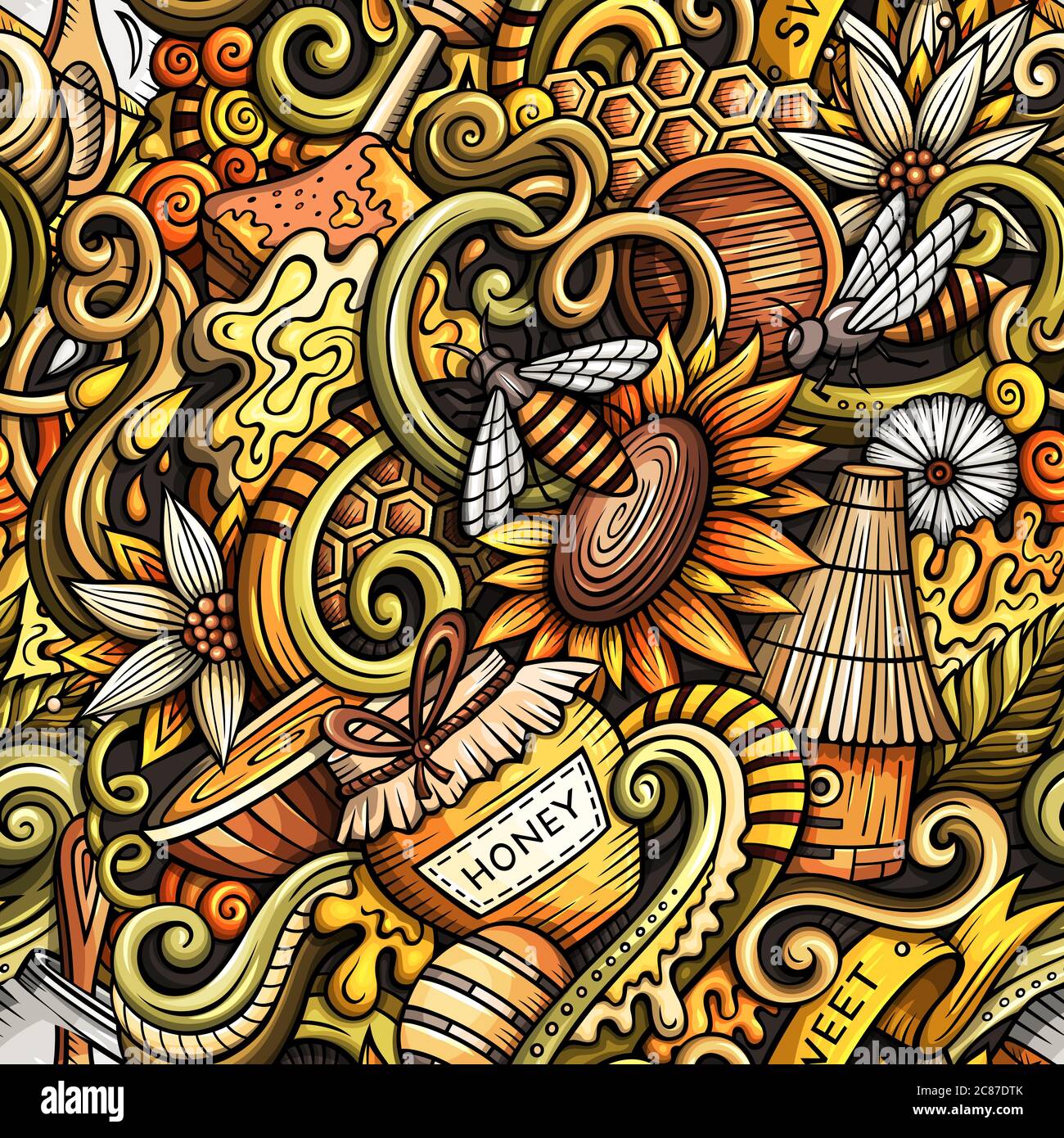 Cartoon carino doodles disegnati a mano Miele modello senza giunture Illustrazione Vettoriale