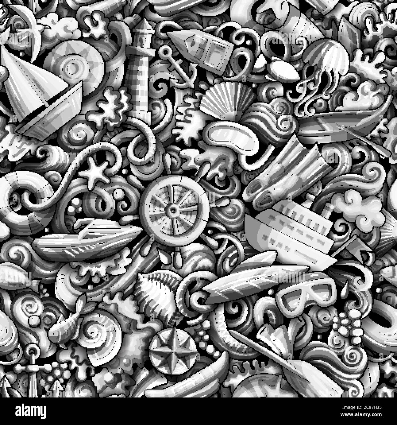 Cartoon carino doodles disegnati a mano Marine modello senza giunture. Illustrazione Vettoriale