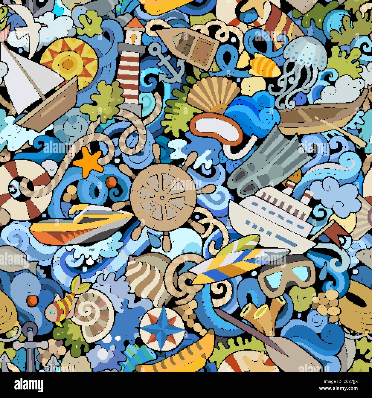 Cartoon carino doodles disegnati a mano Marine modello senza giunture. Illustrazione Vettoriale