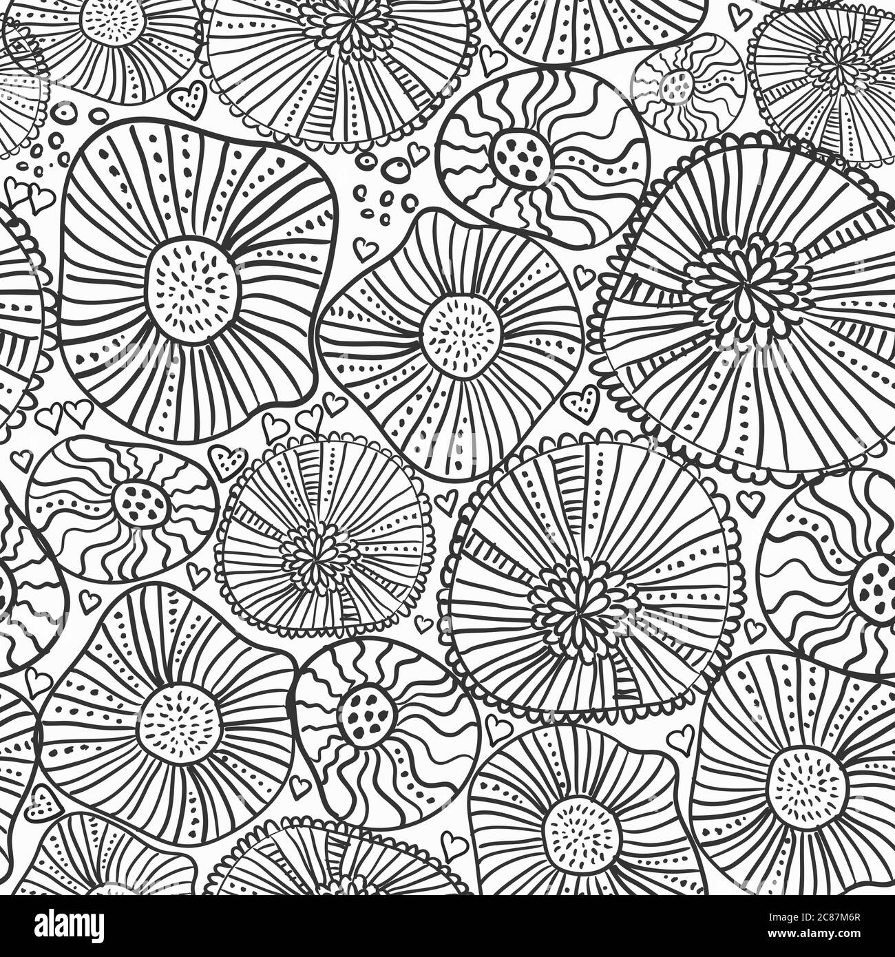 Sfondo fantasy astratto senza cuciture in stile doodle. Pagina del libro da colorare. Modello vettoriale disegnato a mano in bianco e nero Illustrazione Vettoriale