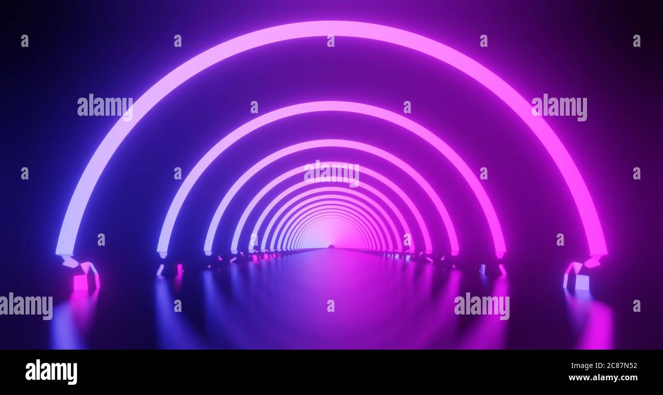 rendering 3d con arco al neon viola e rosa. Foto Stock