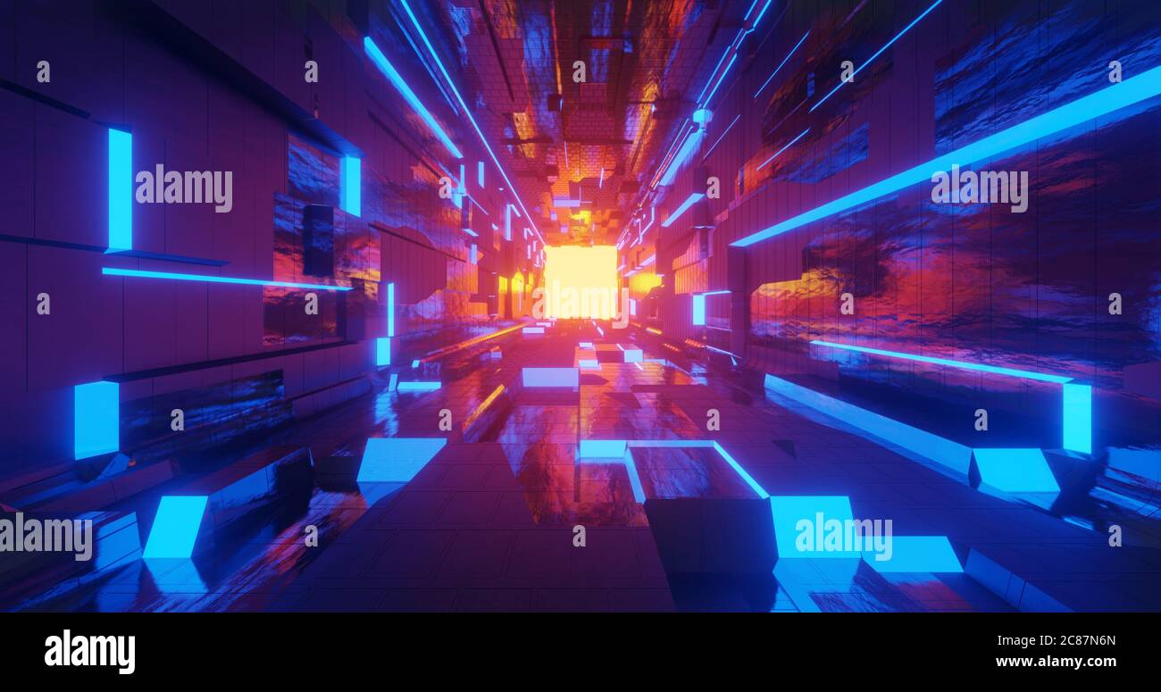 3d rendering al neon sci-fi sfondo corridoio metallico con effetto di luce blu, gialla, arancione. Foto Stock