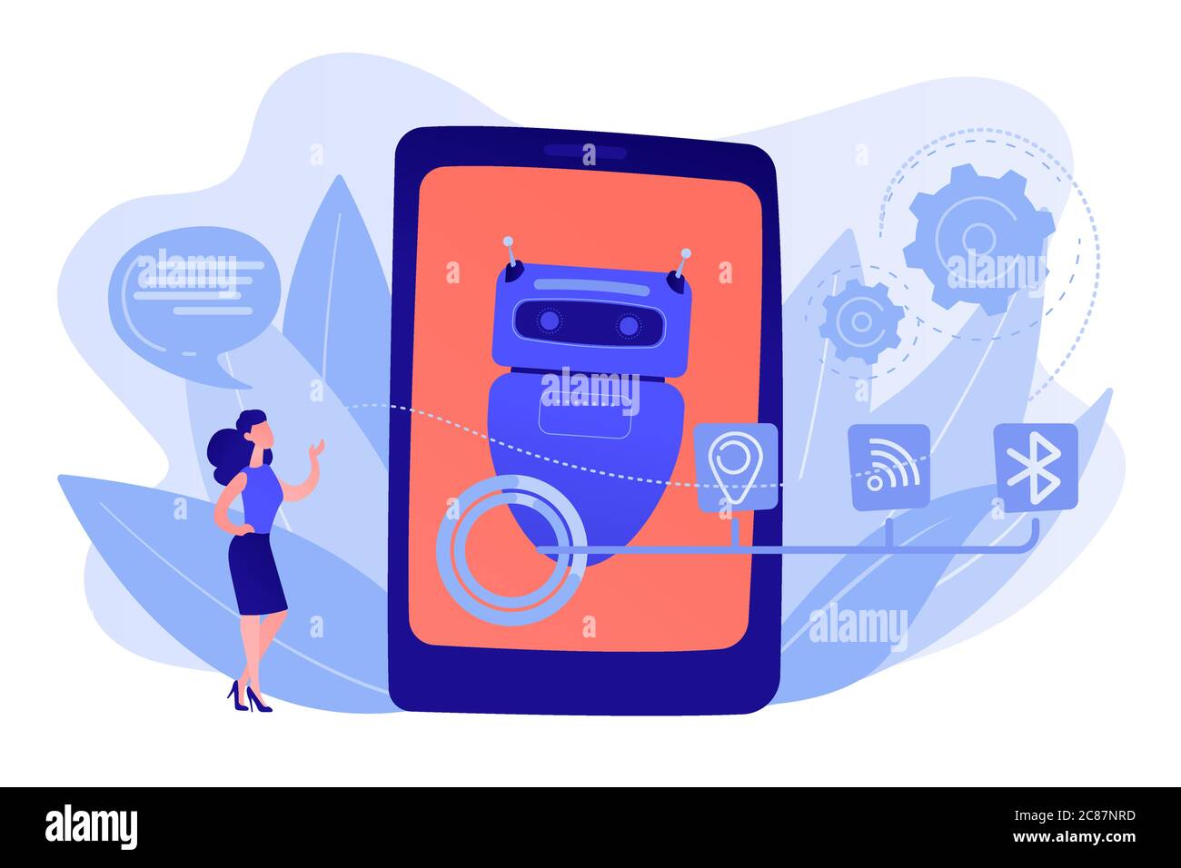 Assistente virtuale chatbot tramite illustrazione vettoriale del concetto di messaggistica. Illustrazione Vettoriale