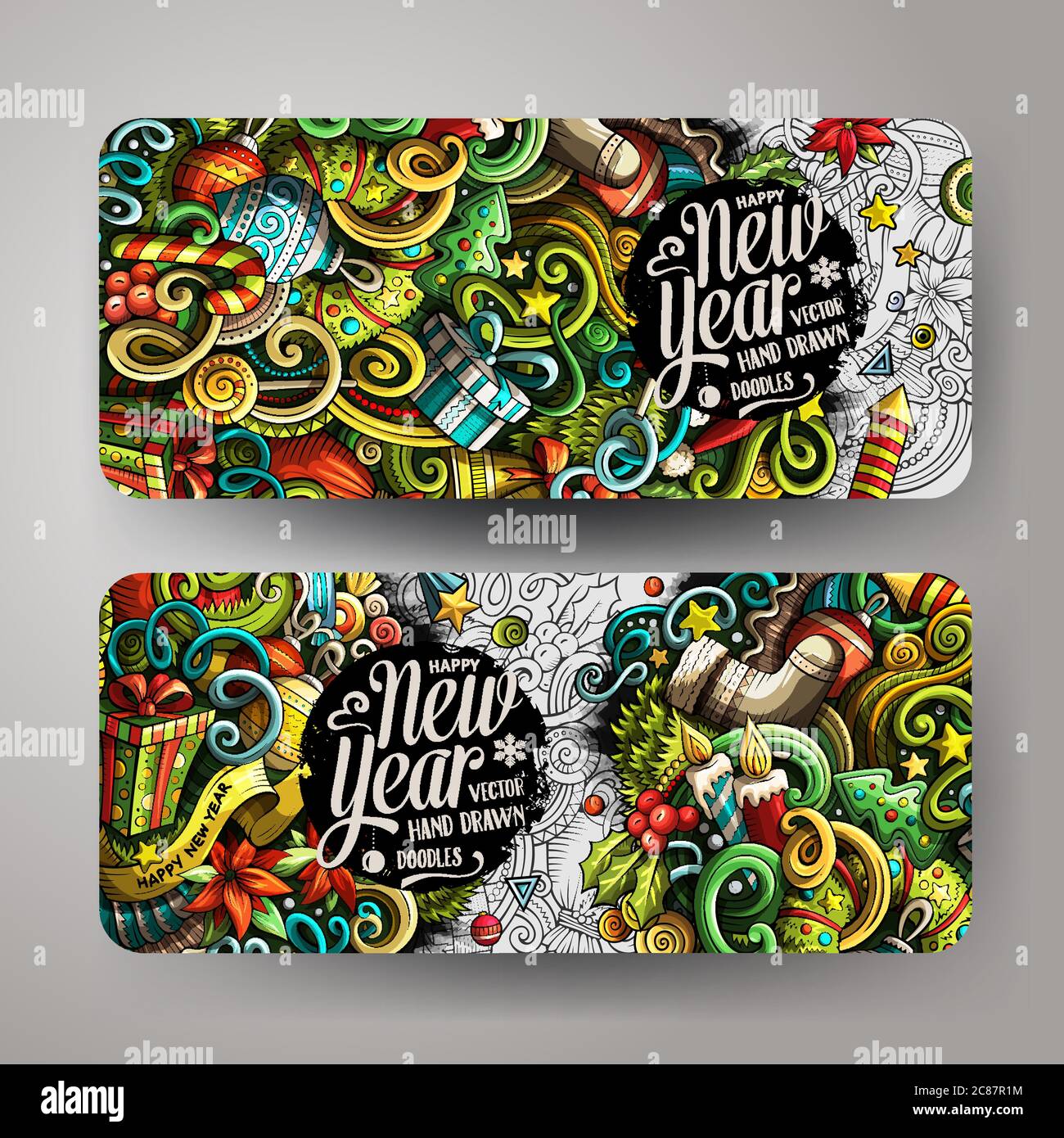 Cartoon doodles banner vacanze di Capodanno Illustrazione Vettoriale