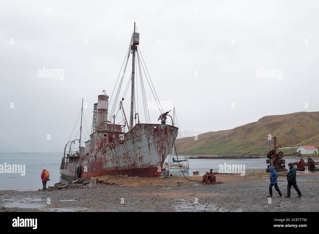 Hulk della nave da caccia 'Petrel' sul litorale bagnato dalla pioggia, Grytviken, Georgia del Sud 3 aprile 2018 Foto Stock