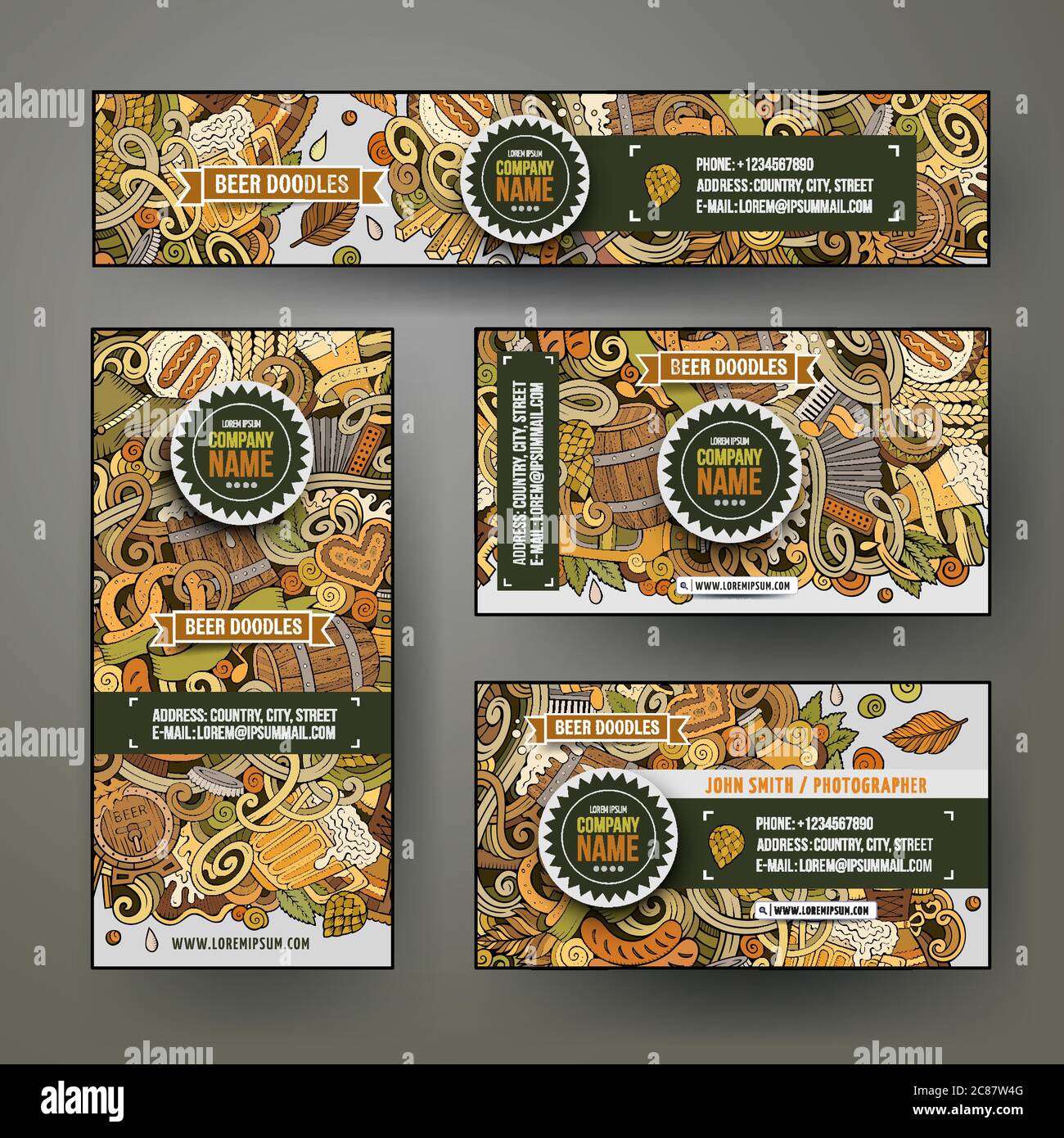 Cartoon colorful vettore doodles birra fest corporate Identity set. Illustrazione Vettoriale
