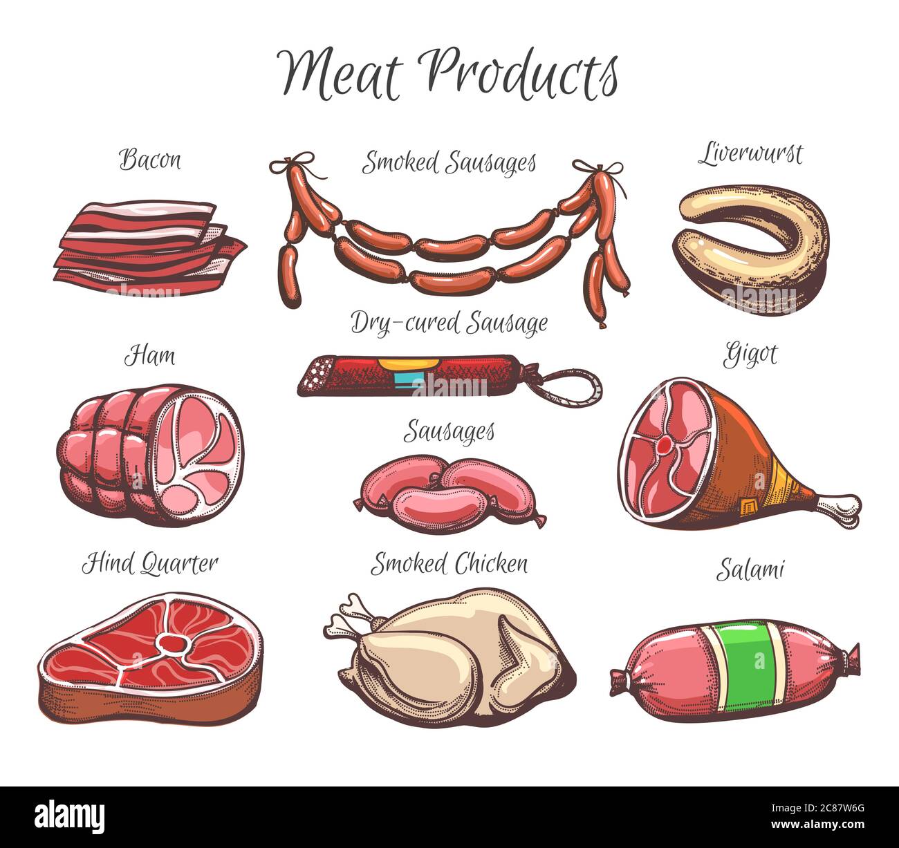 Set colorato di prodotti a base di carne appetitosi. Disegno a mano di pancetta, salsicce, prosciutto, salame ecc. illustrazione vettoriale. Illustrazione Vettoriale