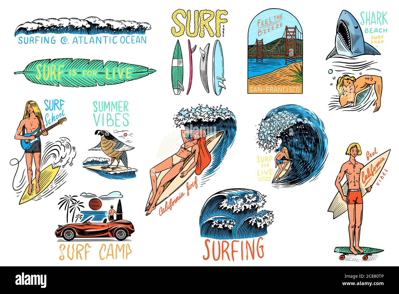 Badge Surf, logo Vintage Surfer. Onda retro e palmo. Set di pin per la California estiva. Uomo sulla tavola da surf, spiaggia e mare. Emblema inciso disegnato a mano Illustrazione Vettoriale