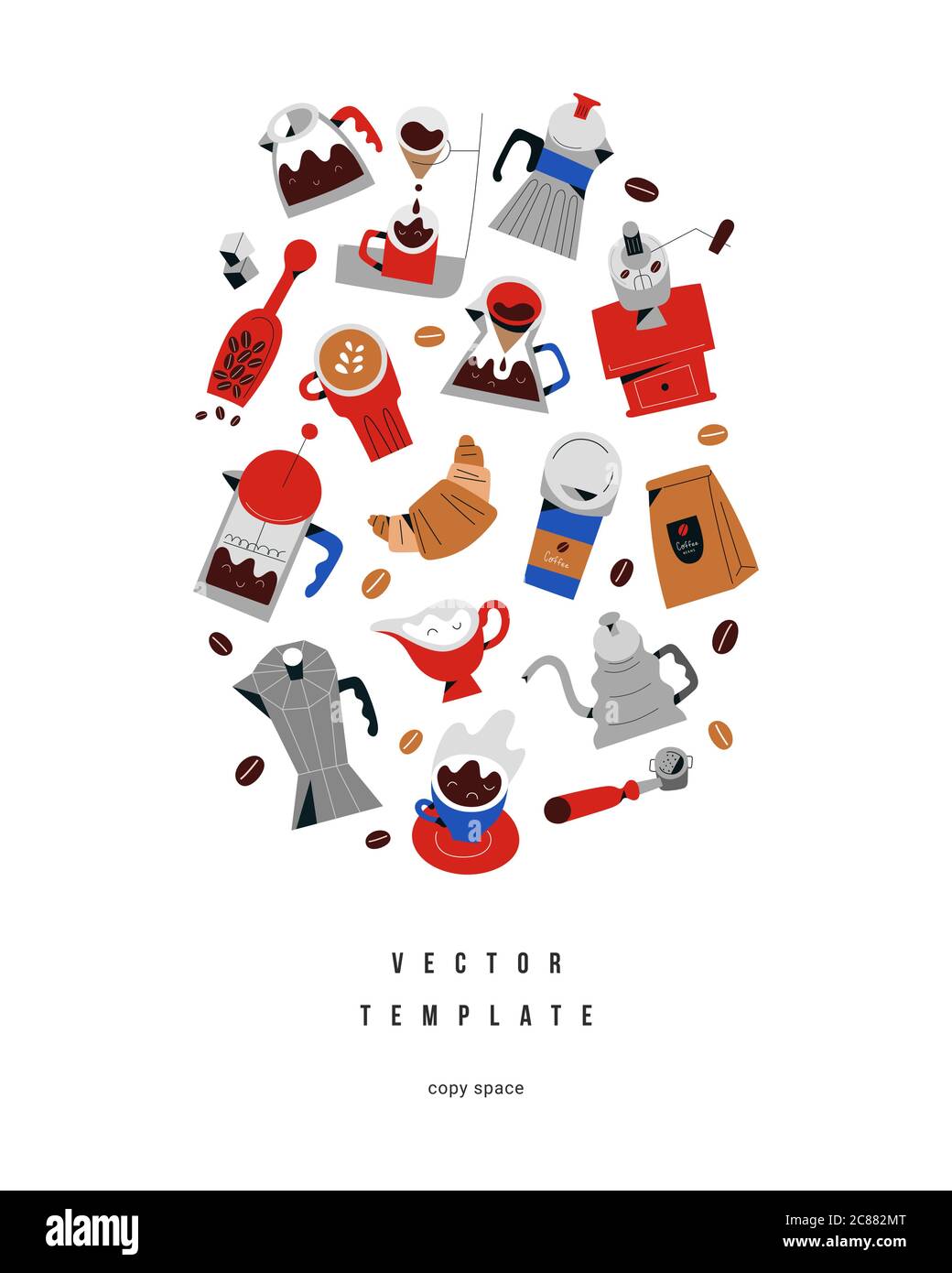 Disposizione di striscioni di caffè, utensili, utensili e stoviglie per la preparazione di bevande di caffè, raccolta di illustrazioni vettoriali isolate di doodle, disegnate a mano Illustrazione Vettoriale