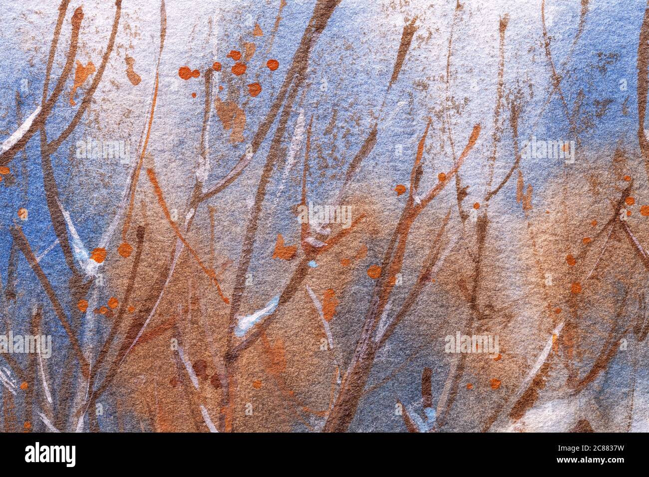 Astratto arte sfondo blu chiaro e bianco colori. Pittura ad acquerello su tela con sfumatura marrone. Frammento di opere d'arte su carta con fores invernali Foto Stock