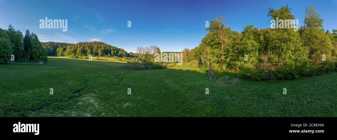 Vista aerea su un prato verde ampio con alberi e un cielo blu nell'Alb Svevo in una bella giornata di primavera con cielo blu. Foto Stock