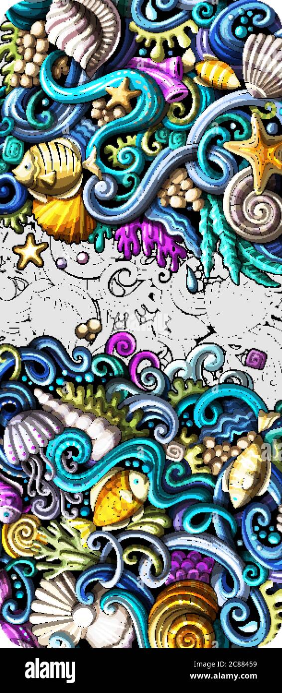 Mare vita mano doodle banner. Opuscolo dettagliato su Cartoon. Illustrazione Vettoriale