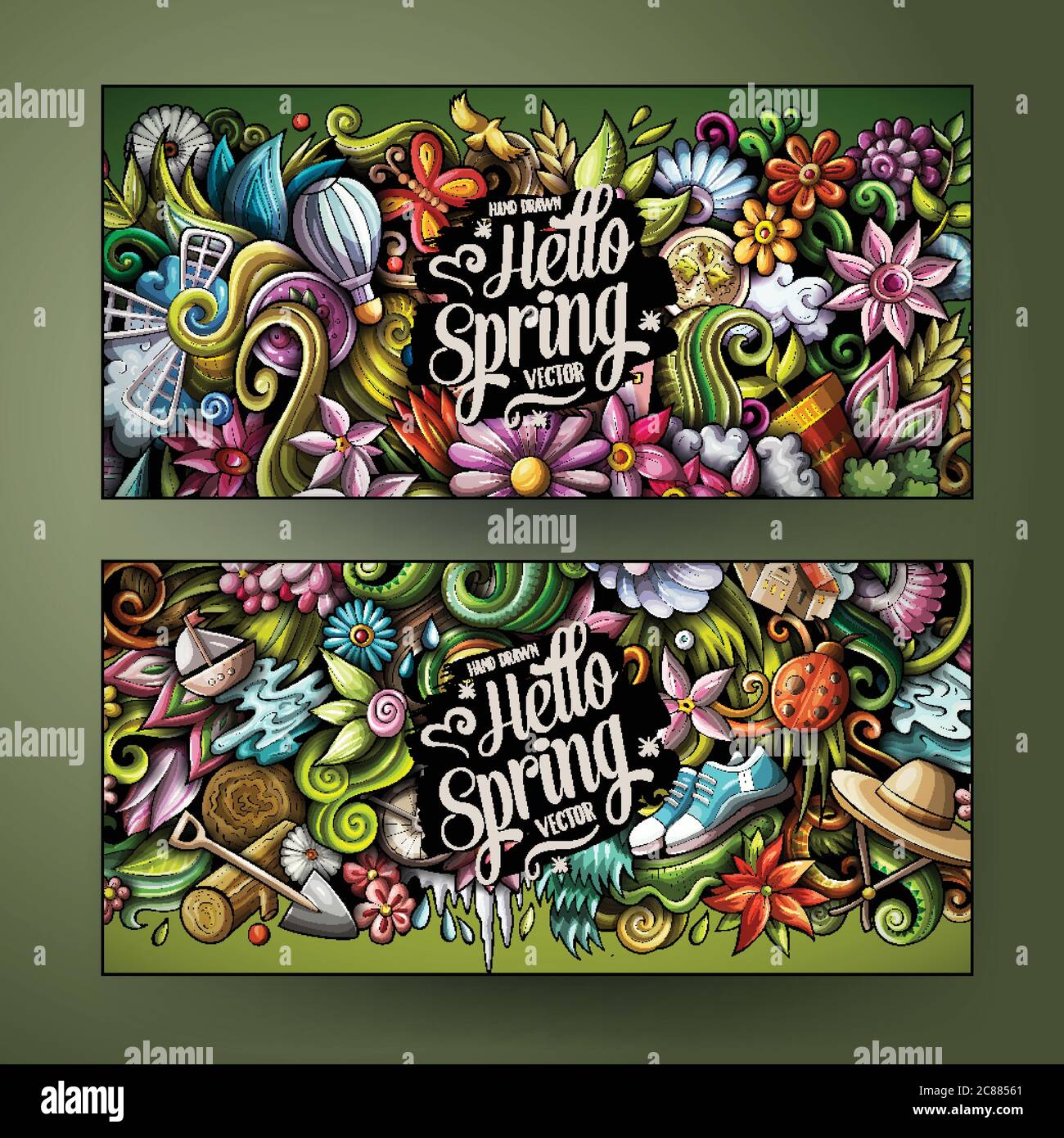 Cartoon carino vettore colorato doodles disegnati a mano banner stagione primaverile Illustrazione Vettoriale