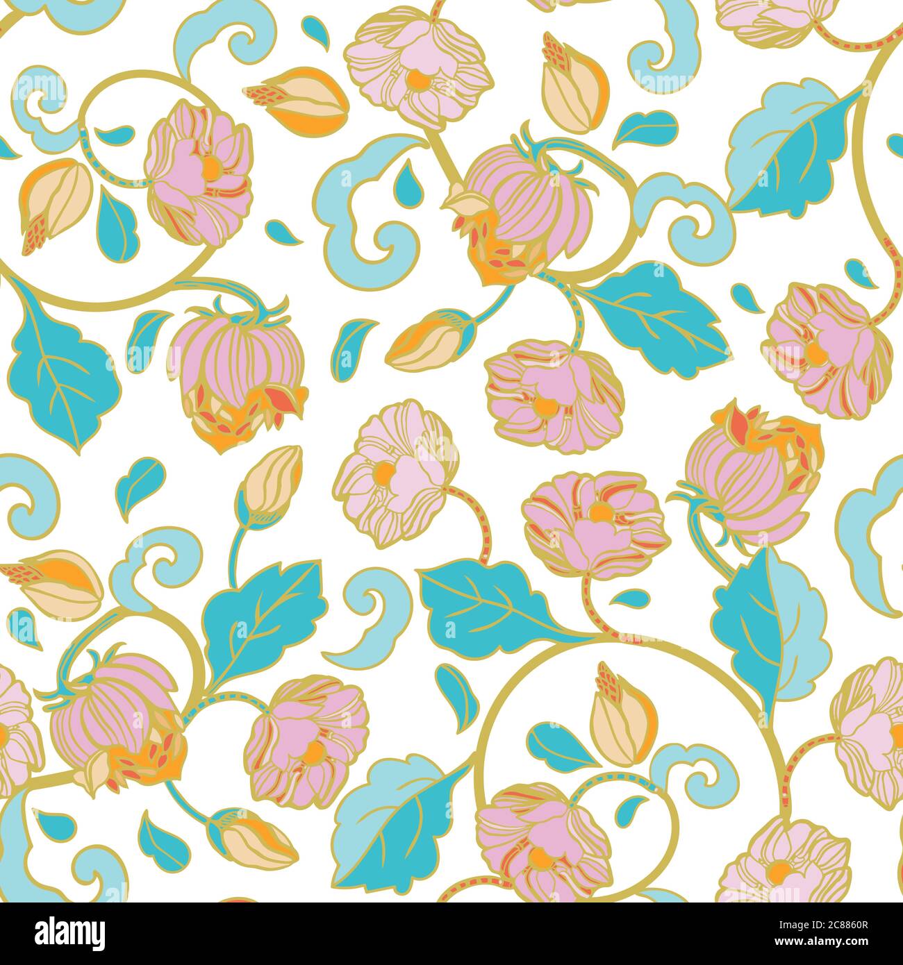 Vector Royal barocco intarsia stile pastello motivo floreale, design senza cuciture con fiori vintage disegnati a mano su sfondo bianco. Natura sfondo. Disegno di ripetizione di superficie. Illustrazione Vettoriale