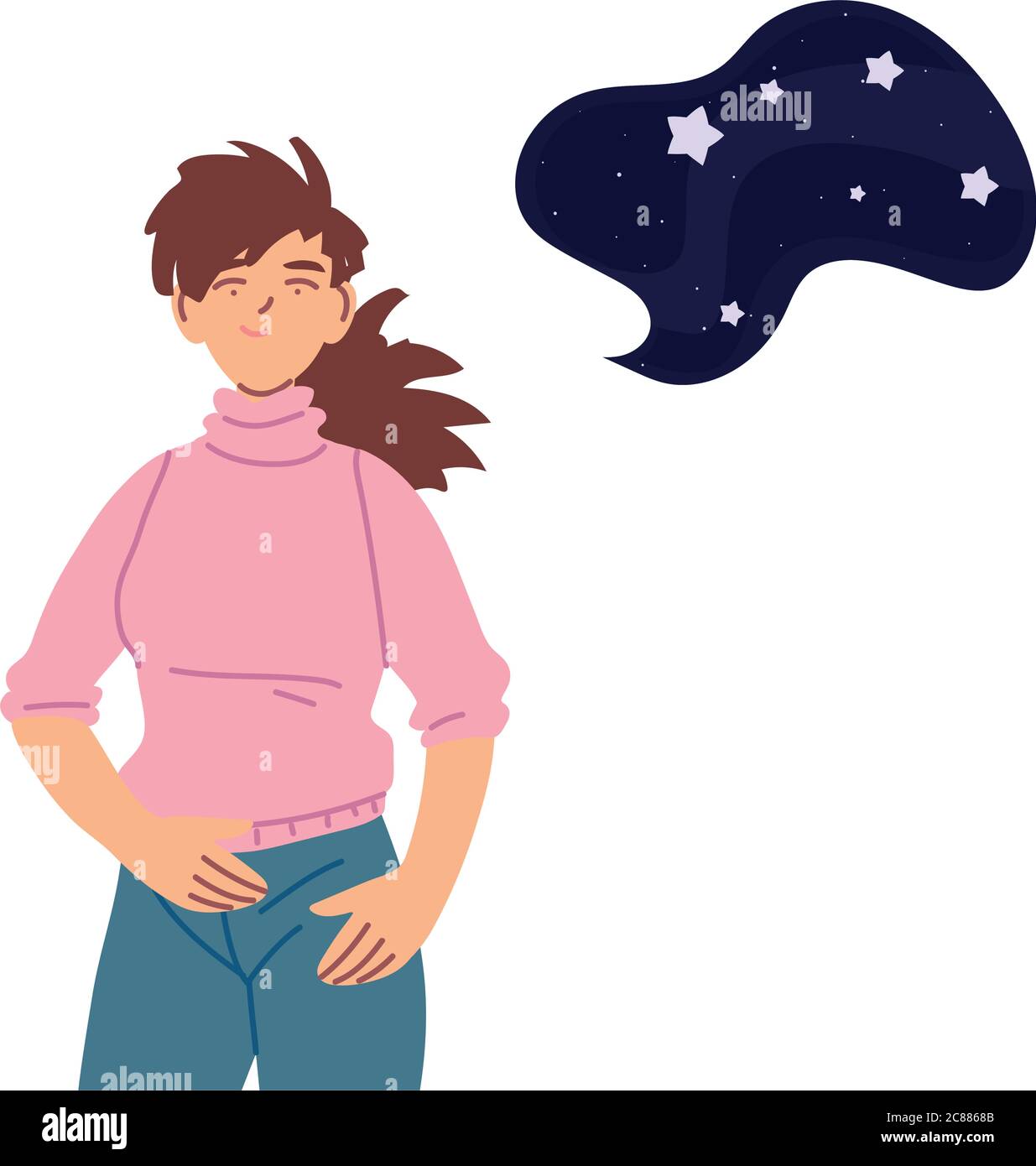 Fumetto donna capelli di browh con disegno di bolla di notte, ragazza persona donna persone umano e sociale tema dei media illustrazione vettoriale Illustrazione Vettoriale