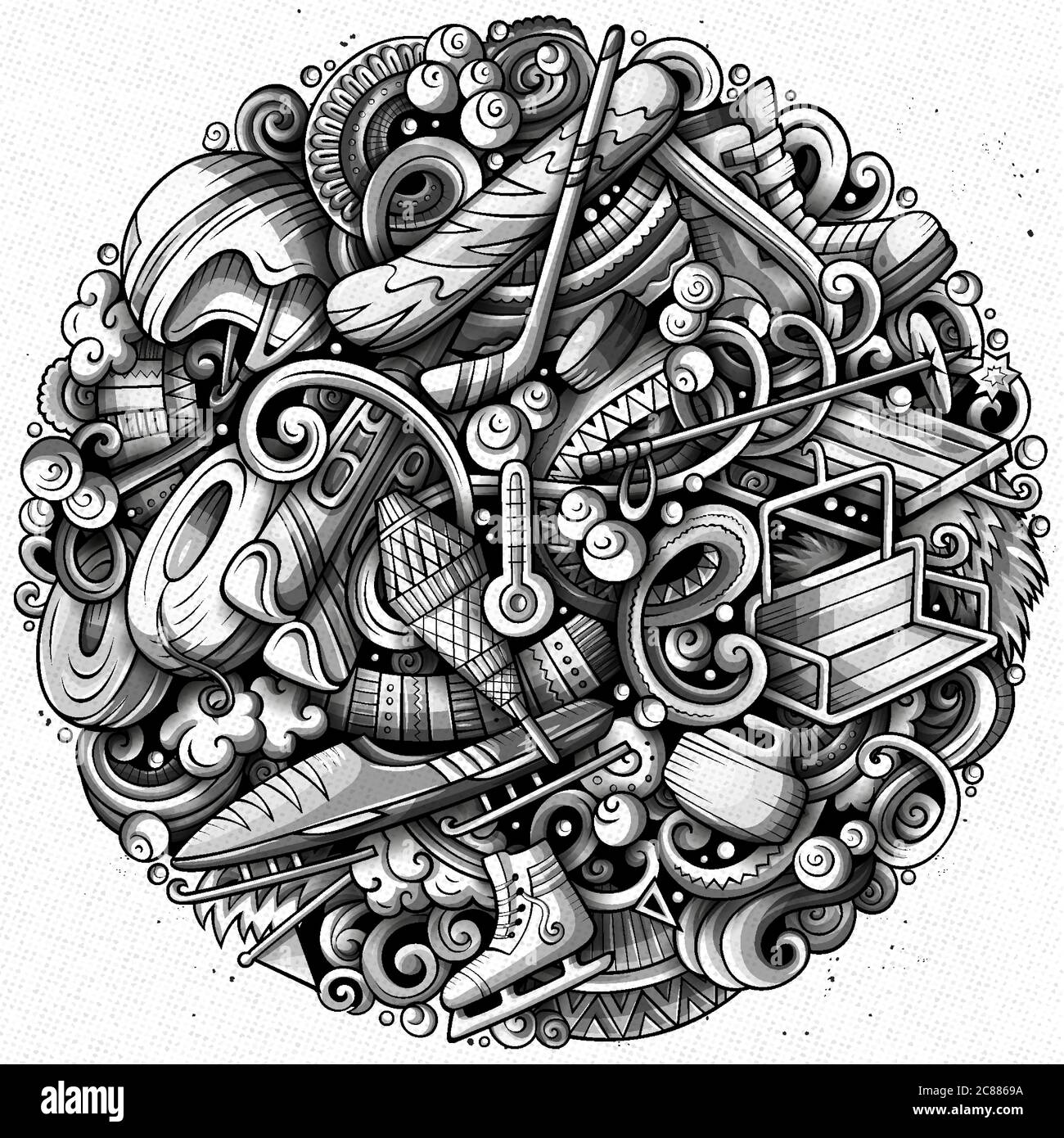Inverno Sport mano disegnata vettore rotondo doodles illustrazione. Poster stazione sciistica Illustrazione Vettoriale