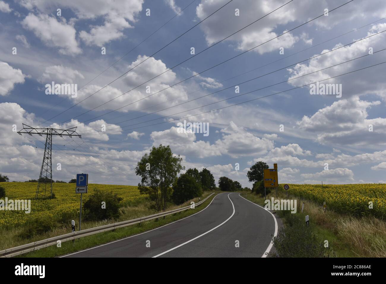 Autostrada attraverso il campo di girasoli Foto Stock