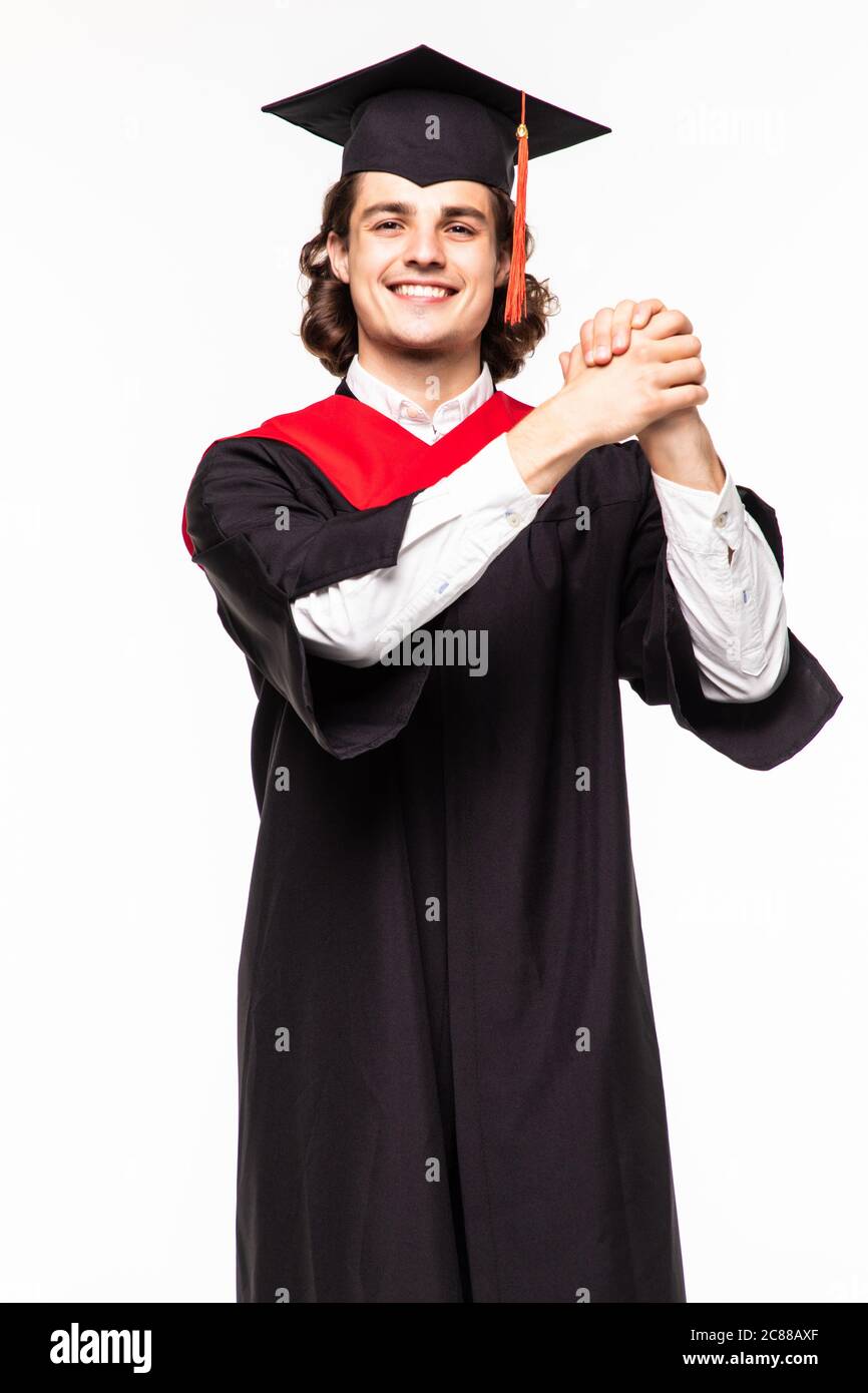 Ritratto di un uomo in abiti di laurea con diploma Foto Stock