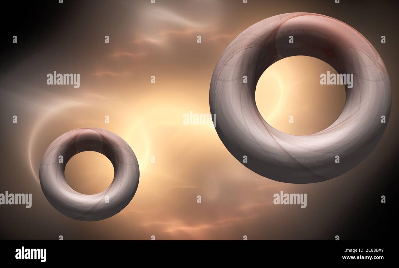 Frattali, anelli astratti in 3D che volano sullo sfondo di un fulmine Foto Stock