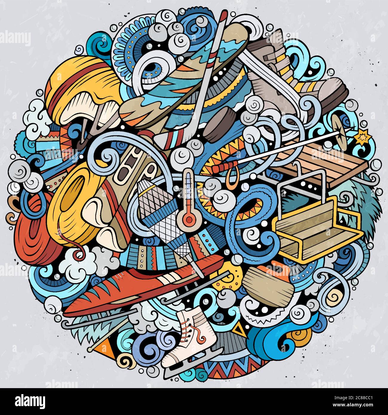 Inverno Sport mano disegnata vettore doodles illustrazione. Poster design della stazione sciistica Illustrazione Vettoriale